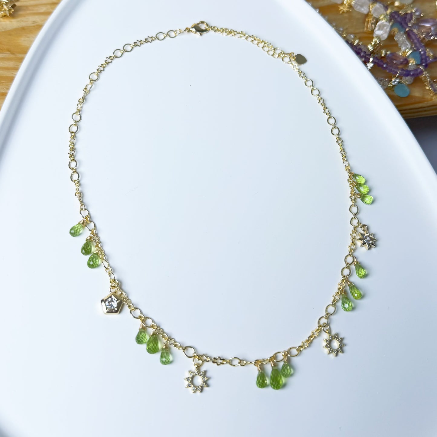 Handmade Peridot Tear Drop Faceted Gemstone Beads Celestial Necklace