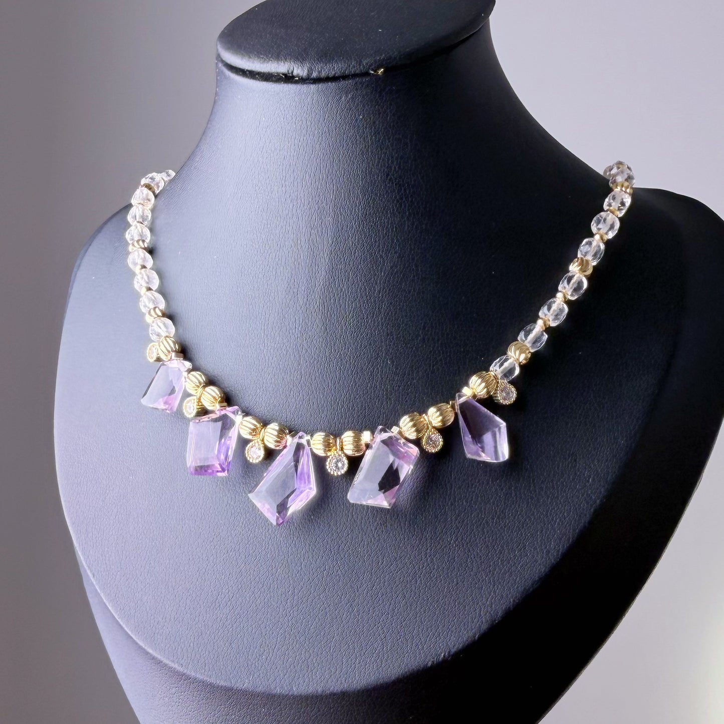 Handmade Faceted Amethyst Clear Quartz Gemstone Beads Choker Necklace