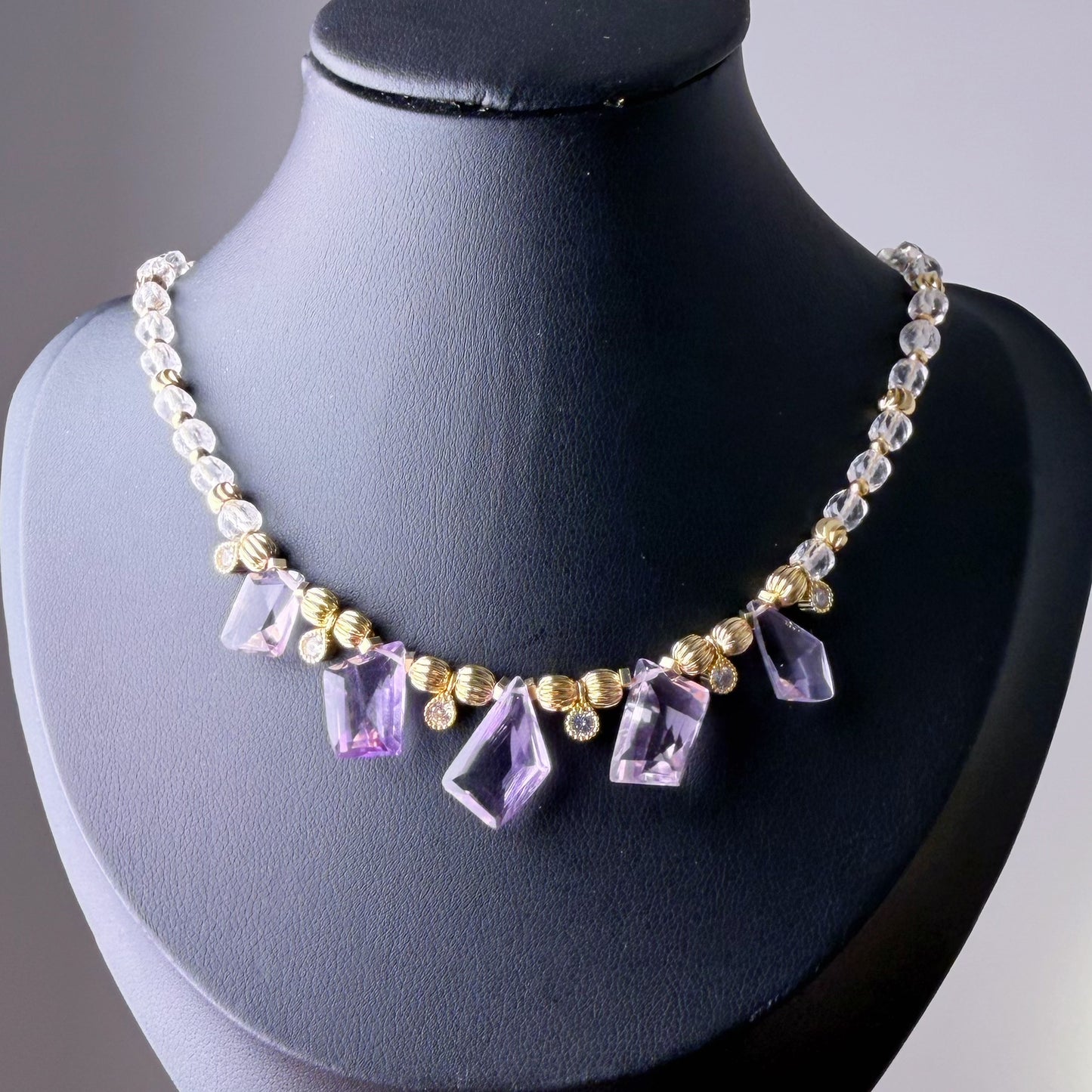Handmade Faceted Amethyst Clear Quartz Gemstone Beads Choker Necklace