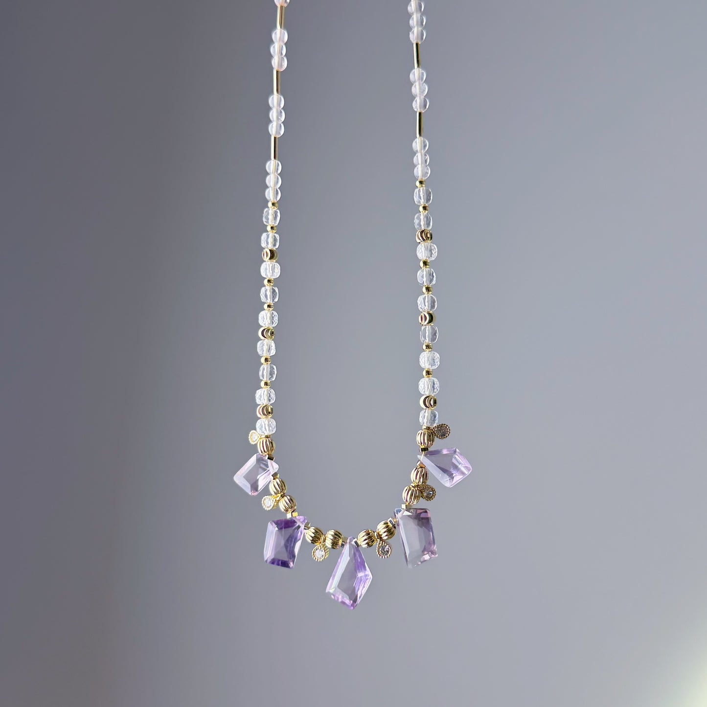Handmade Faceted Amethyst Clear Quartz Gemstone Beads Choker Necklace