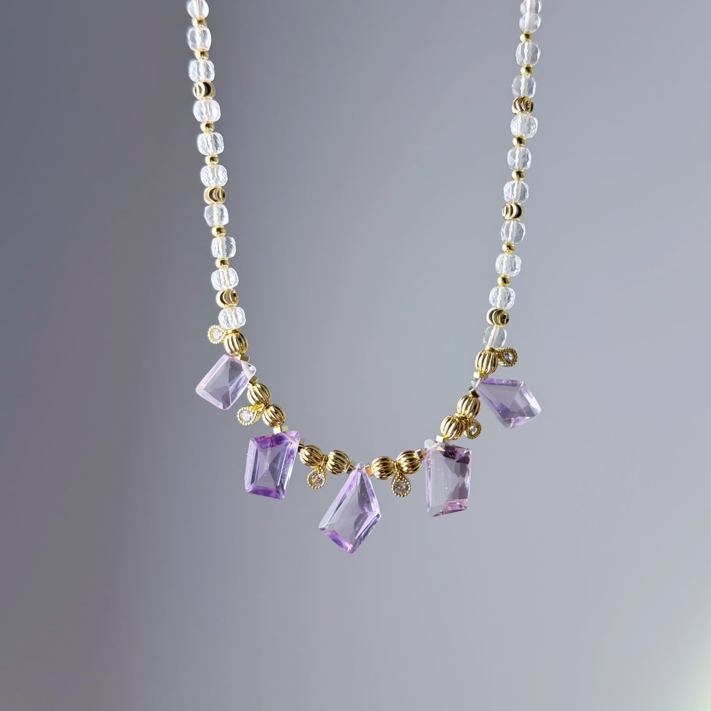 Handmade Faceted Amethyst Clear Quartz Gemstone Beads Choker Necklace