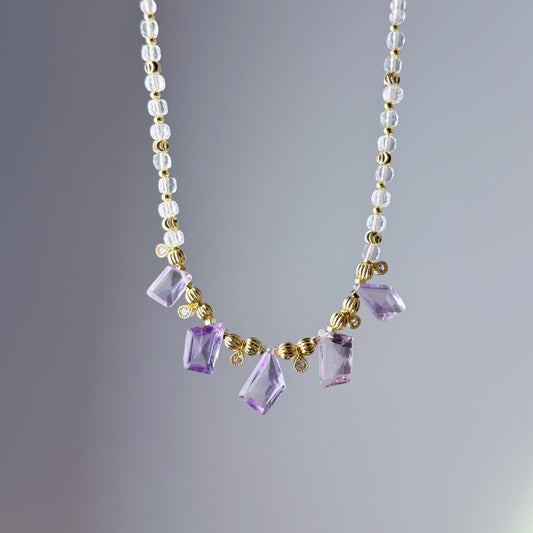 Handmade Faceted Amethyst Clear Quartz Gemstone Beads Choker Necklace