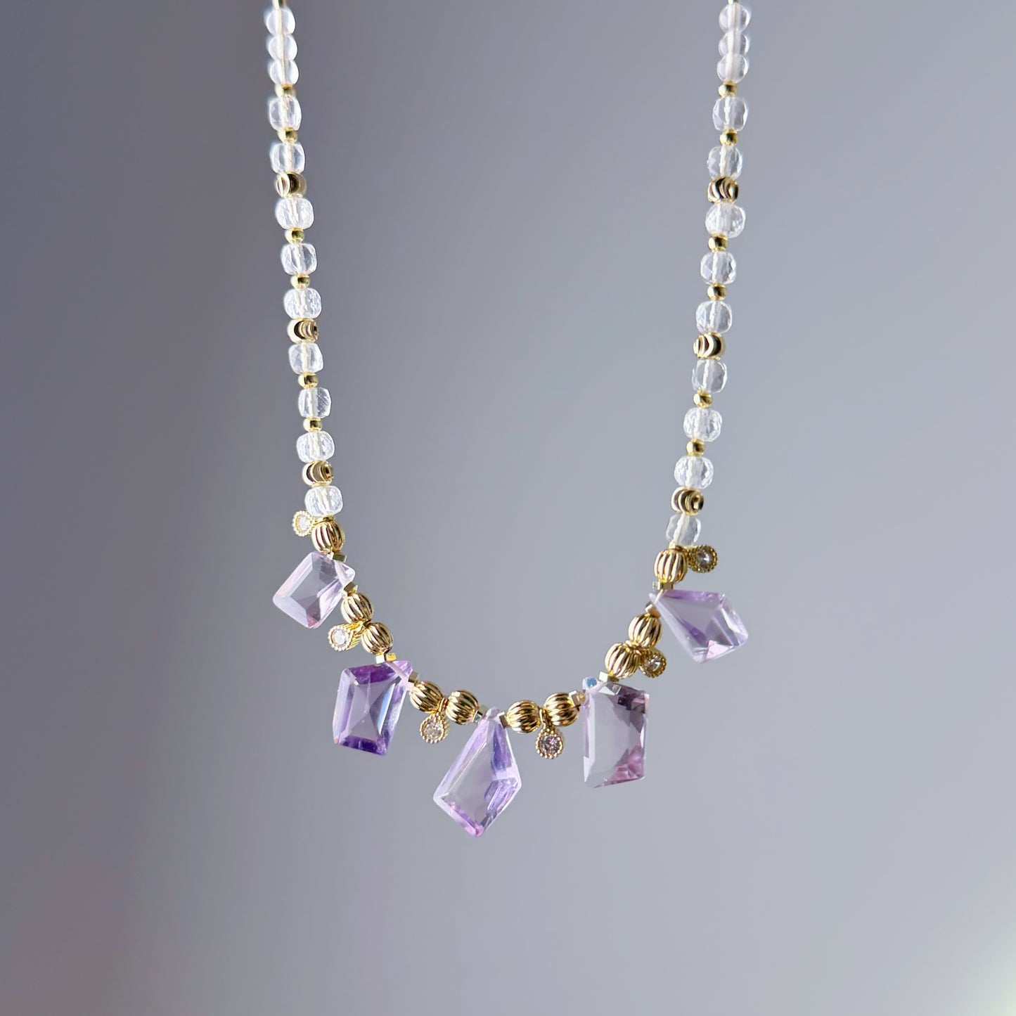 Handmade Faceted Amethyst Clear Quartz Gemstone Beads Choker Necklace