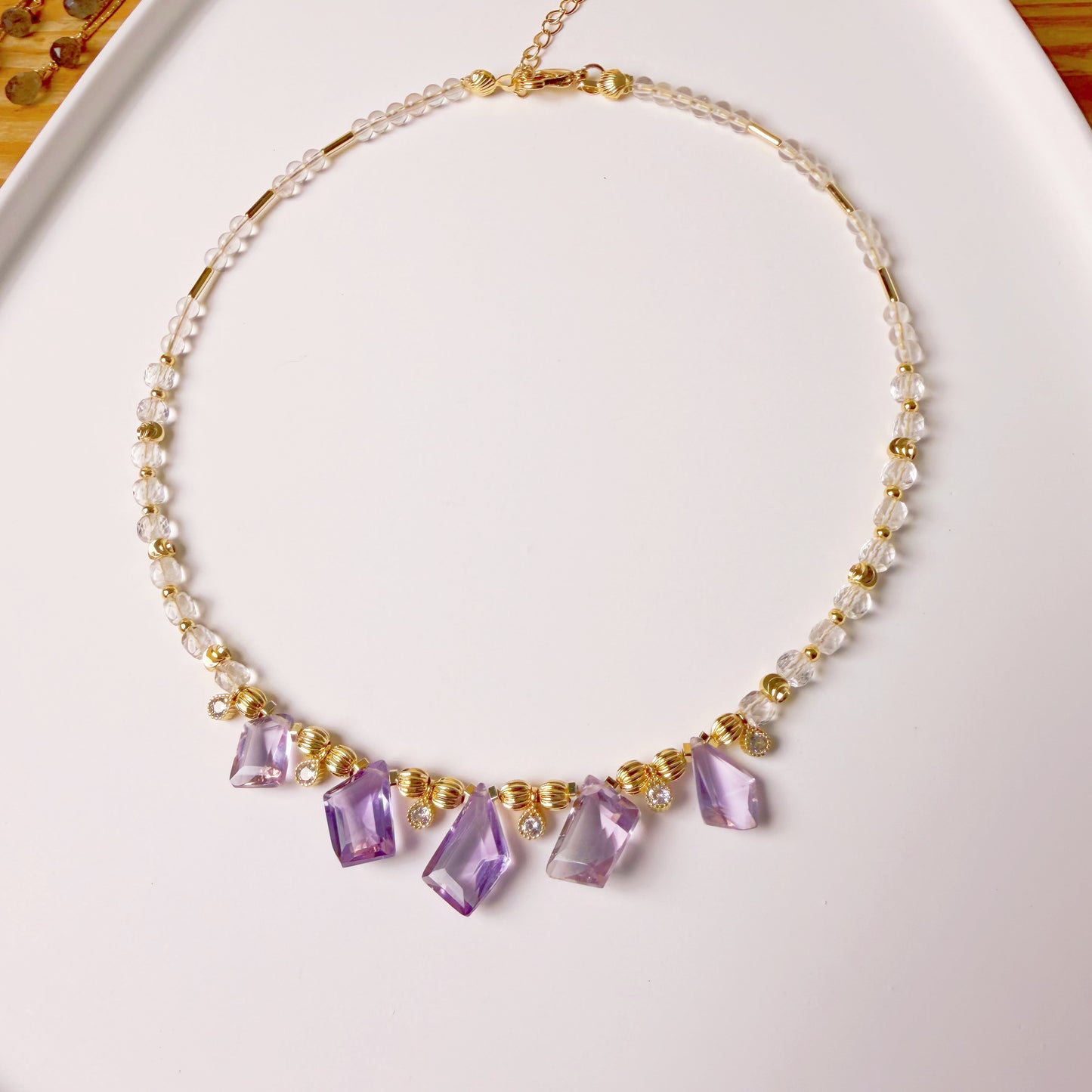 Handmade Faceted Amethyst Clear Quartz Gemstone Beads Choker Necklace