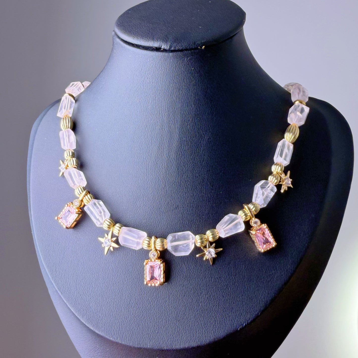 Handmade Rose Quartz Gemstone Beaded Celestial Choker Necklace