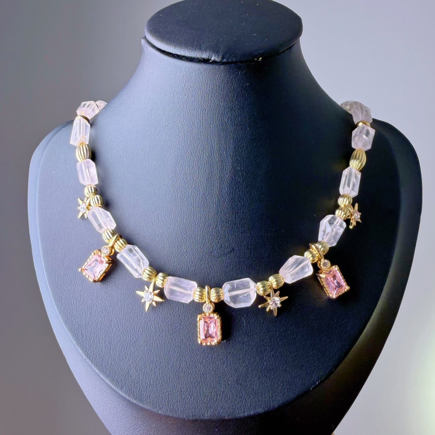 Handmade Rose Quartz Gemstone Beaded Celestial Choker Necklace