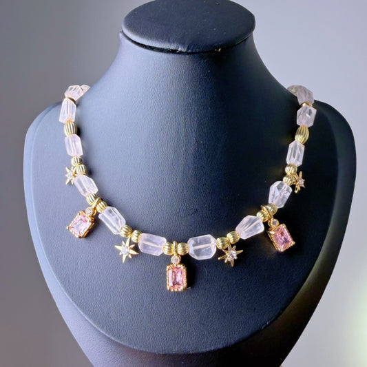 Handmade Rose Quartz Gemstone Beaded Celestial Choker Necklace