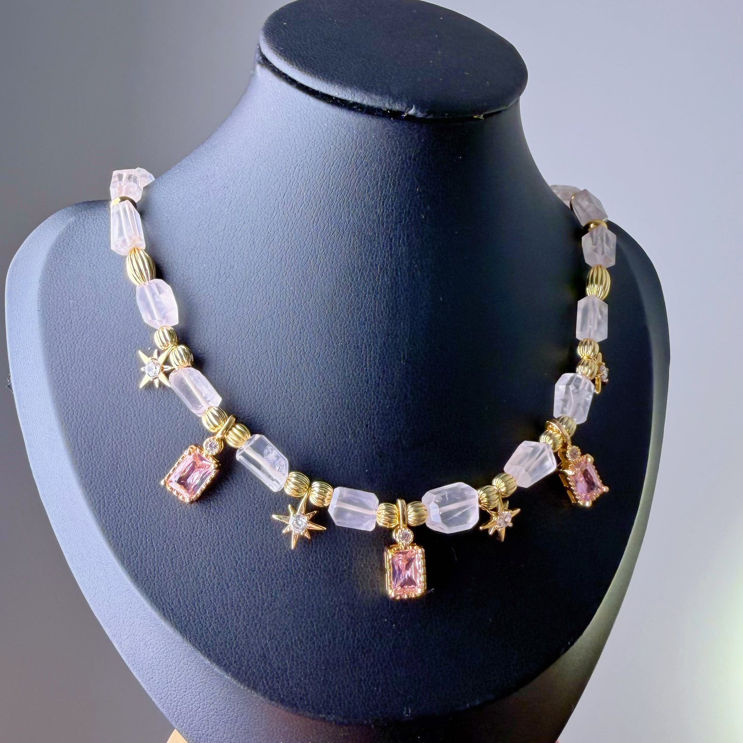 Handmade Rose Quartz Gemstone Beaded Celestial Choker Necklace