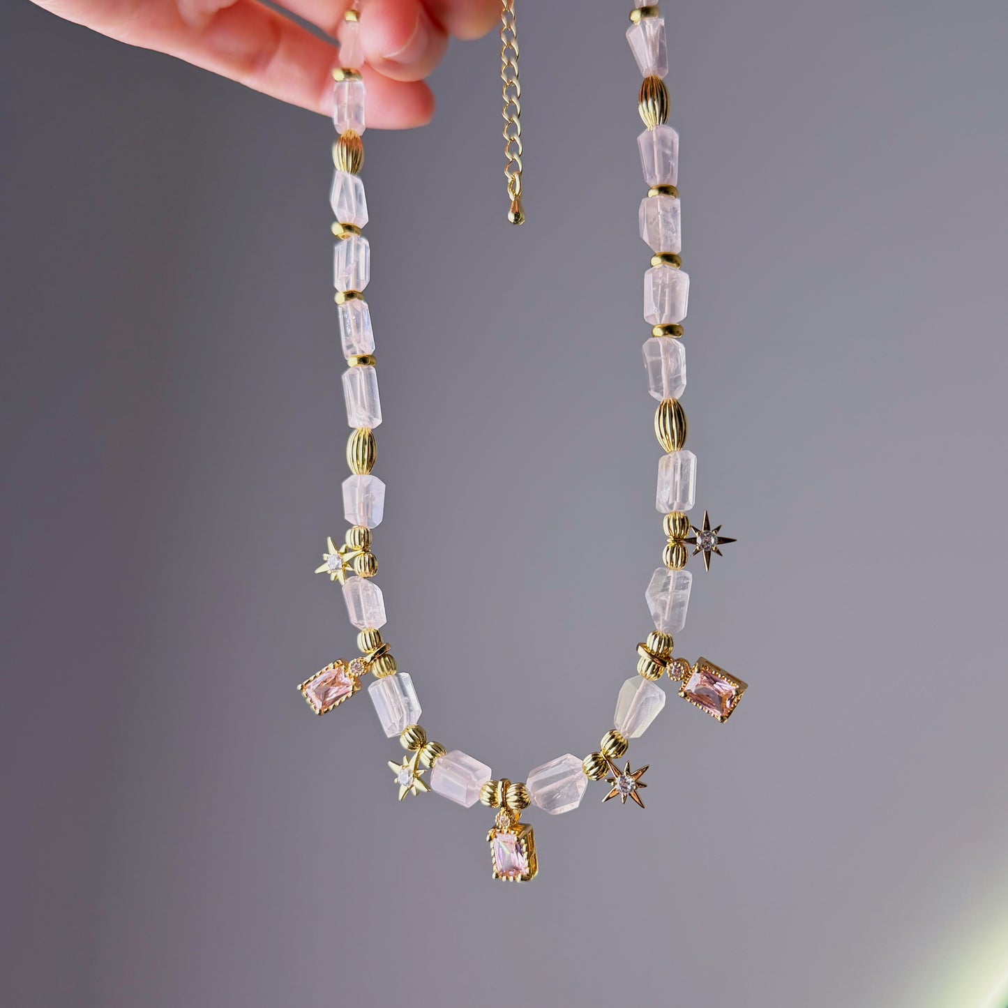 Handmade Rose Quartz Gemstone Beaded Celestial Choker Necklace