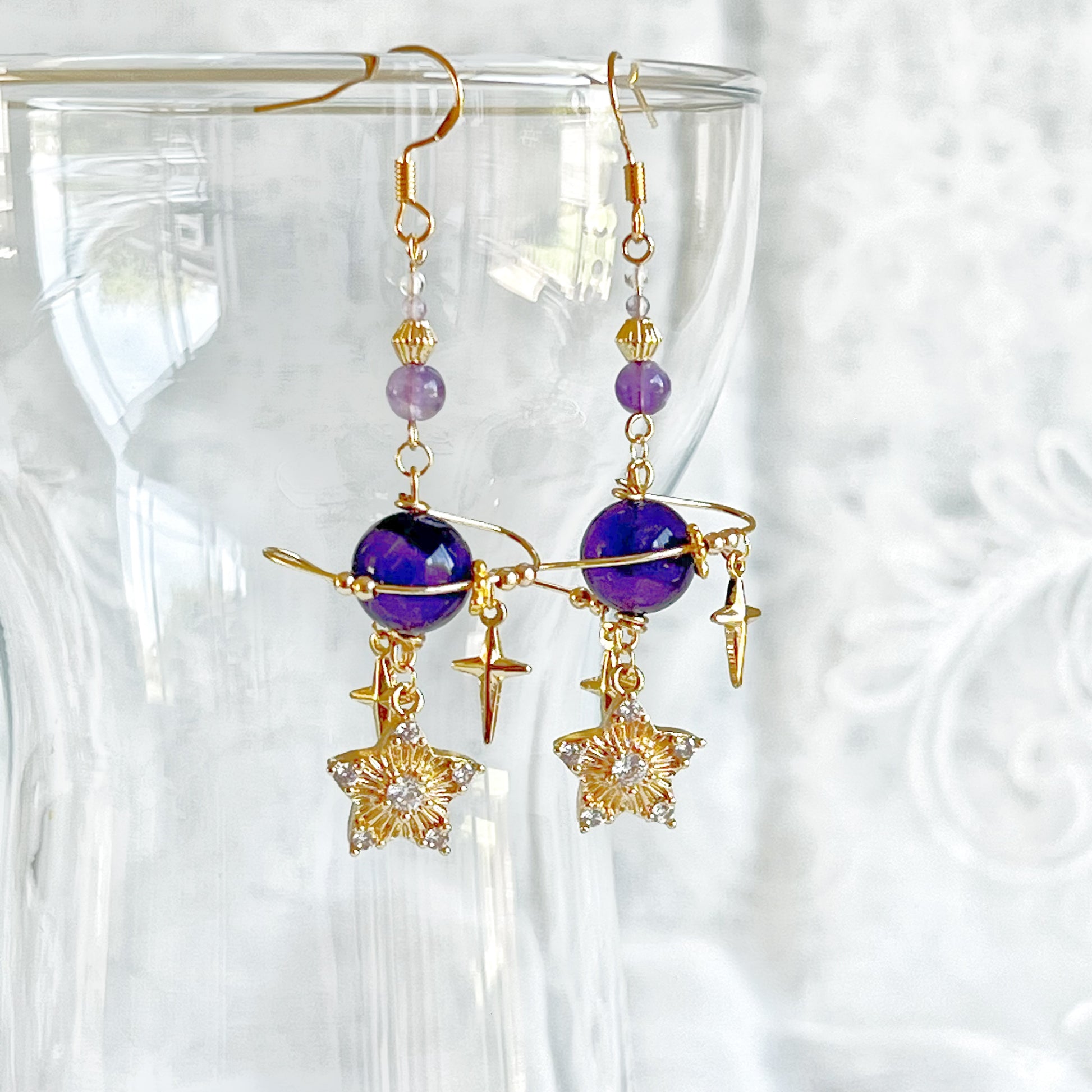 Amethyst Planet and Stars Earrings-Ninaouity