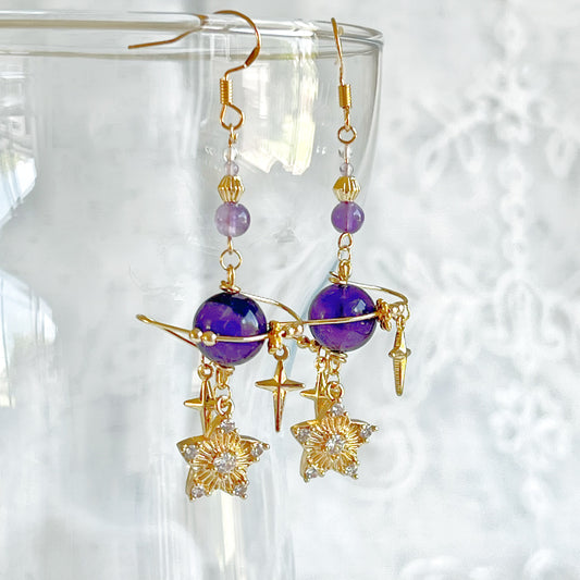 Amethyst Planet and Stars Earrings-Ninaouity