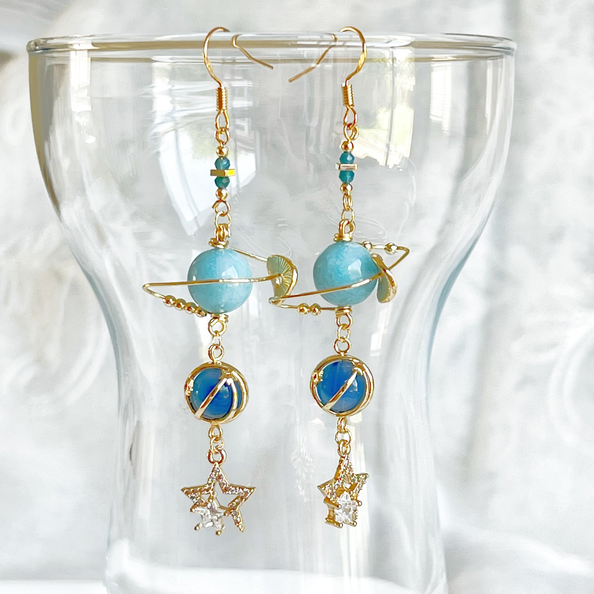 March Birthstone Aquamarine Planet and Satellite Earrings-Ninaouity