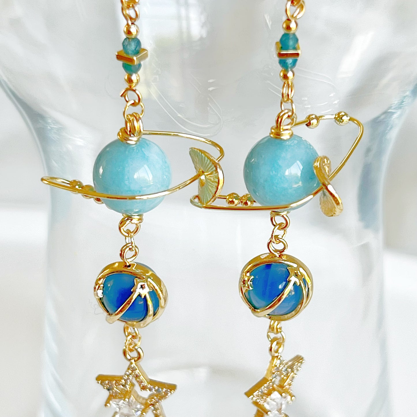 March Birthstone Aquamarine Planet and Satellite Earrings-Ninaouity