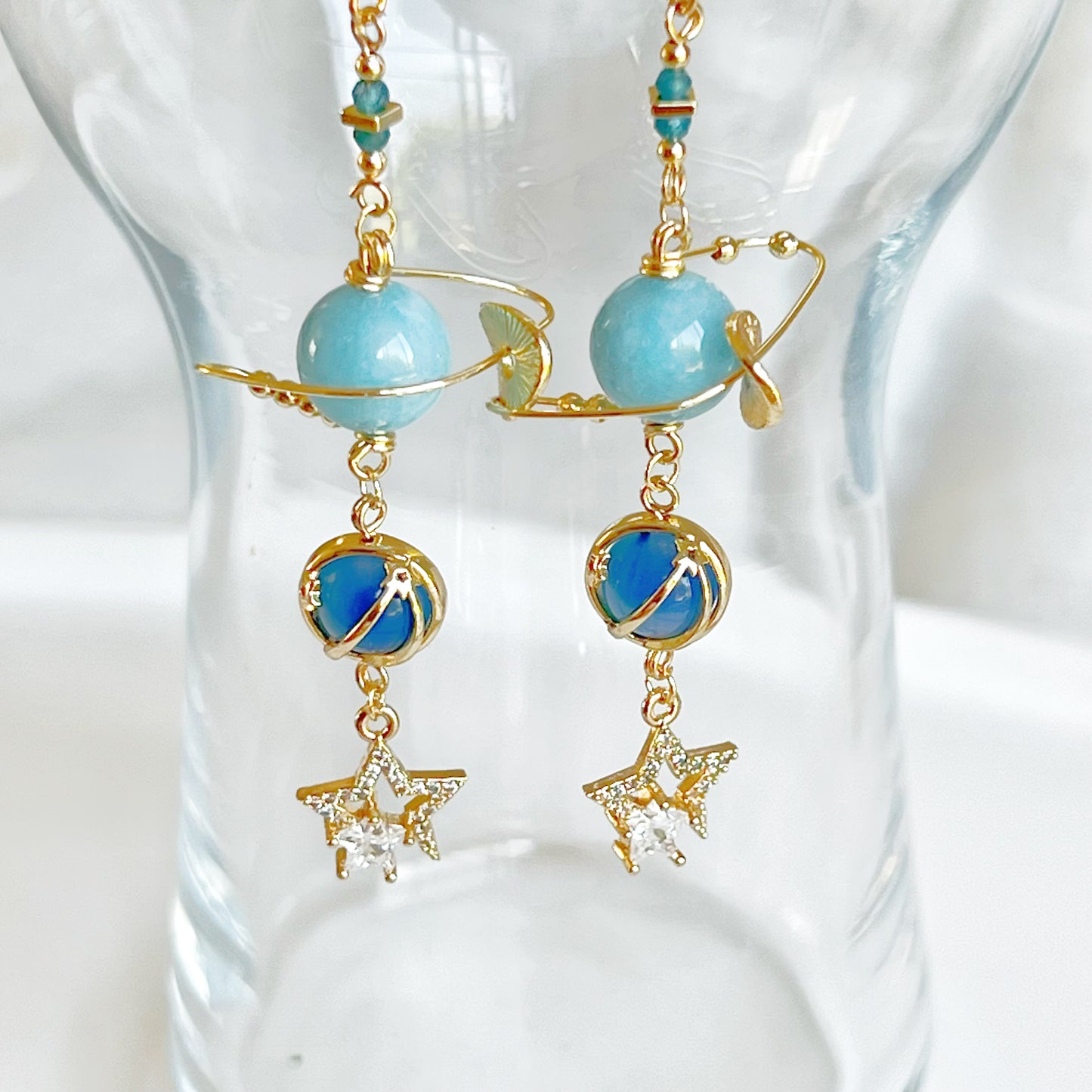 March Birthstone Aquamarine Planet and Satellite Earrings-Ninaouity