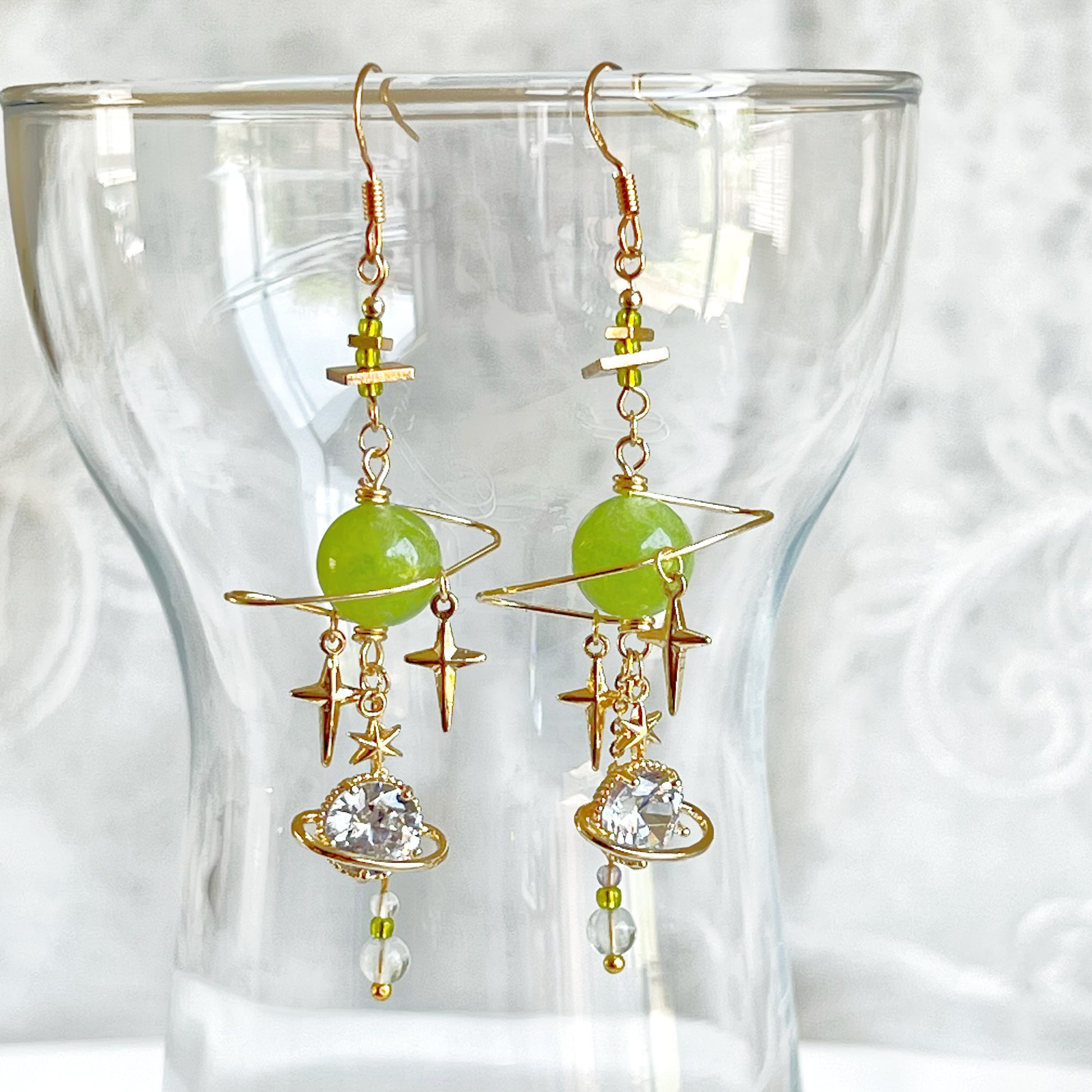 Green Jade Planet and Star Earrings-Ninaouity