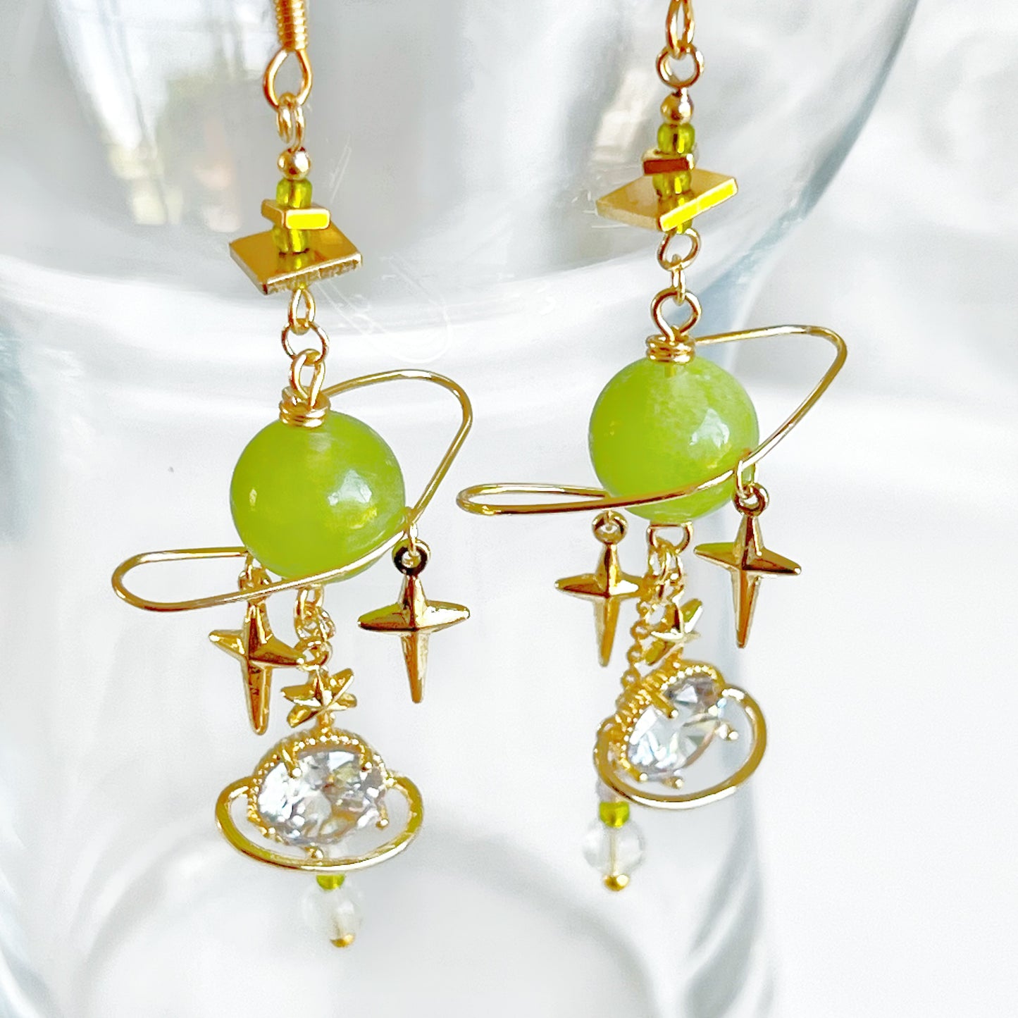 Green Jade Planet and Star Earrings-Ninaouity