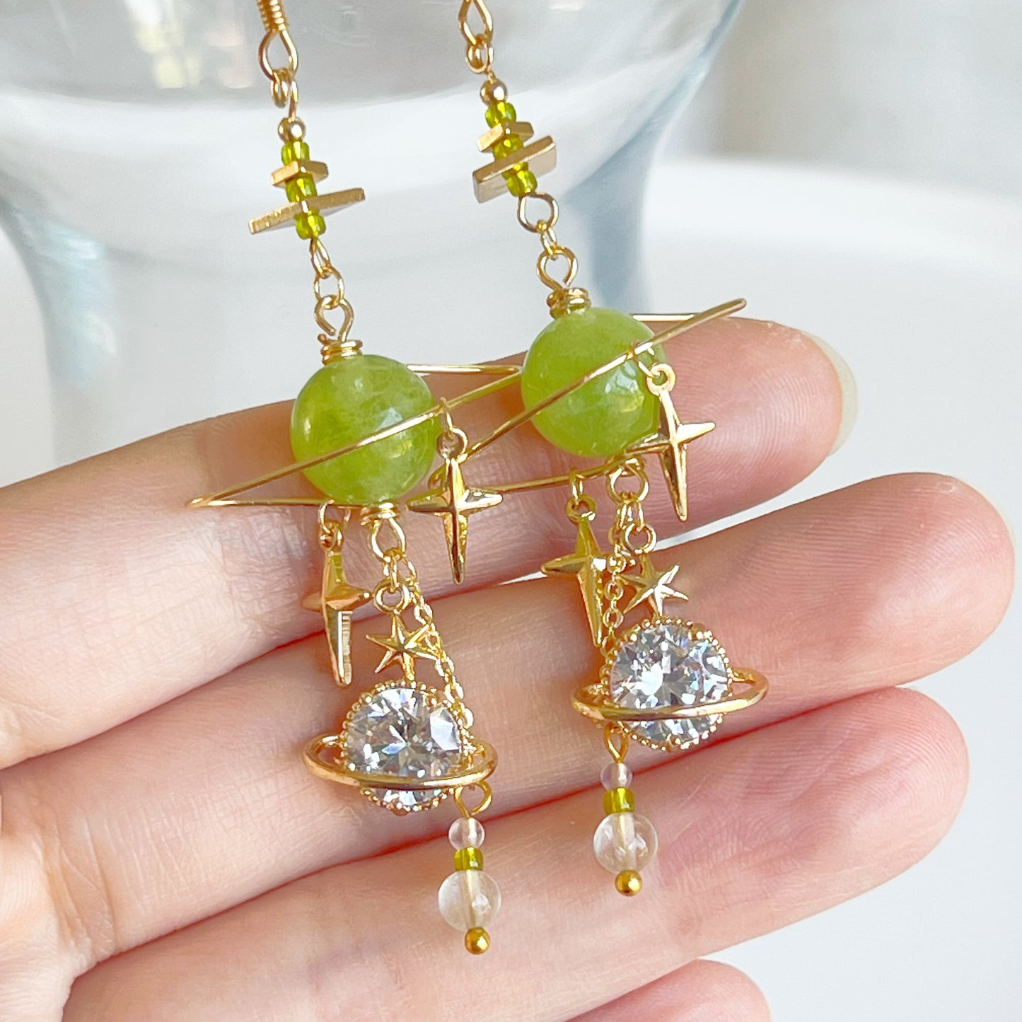 Green Jade Planet and Star Earrings-Ninaouity