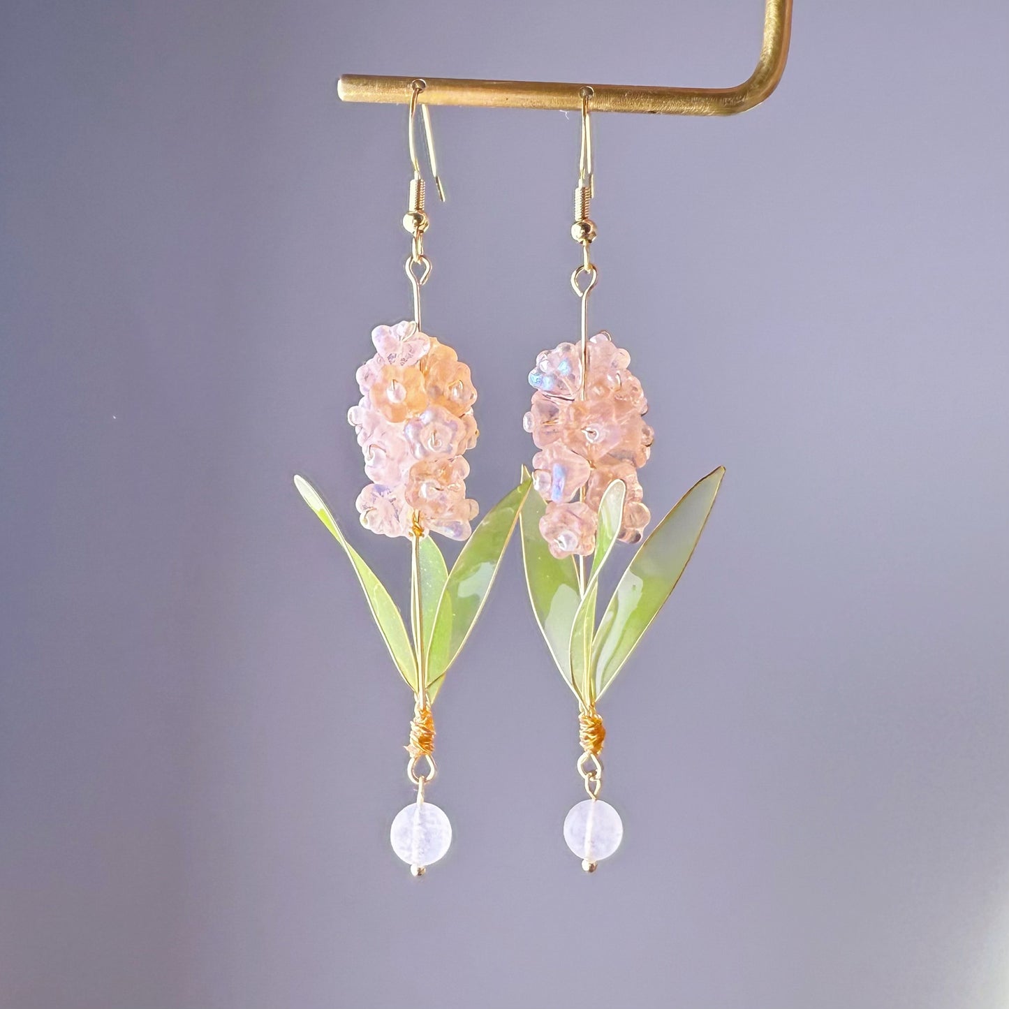 Handmade Peach Pink Hyacinth Flower with Leaves Earrings