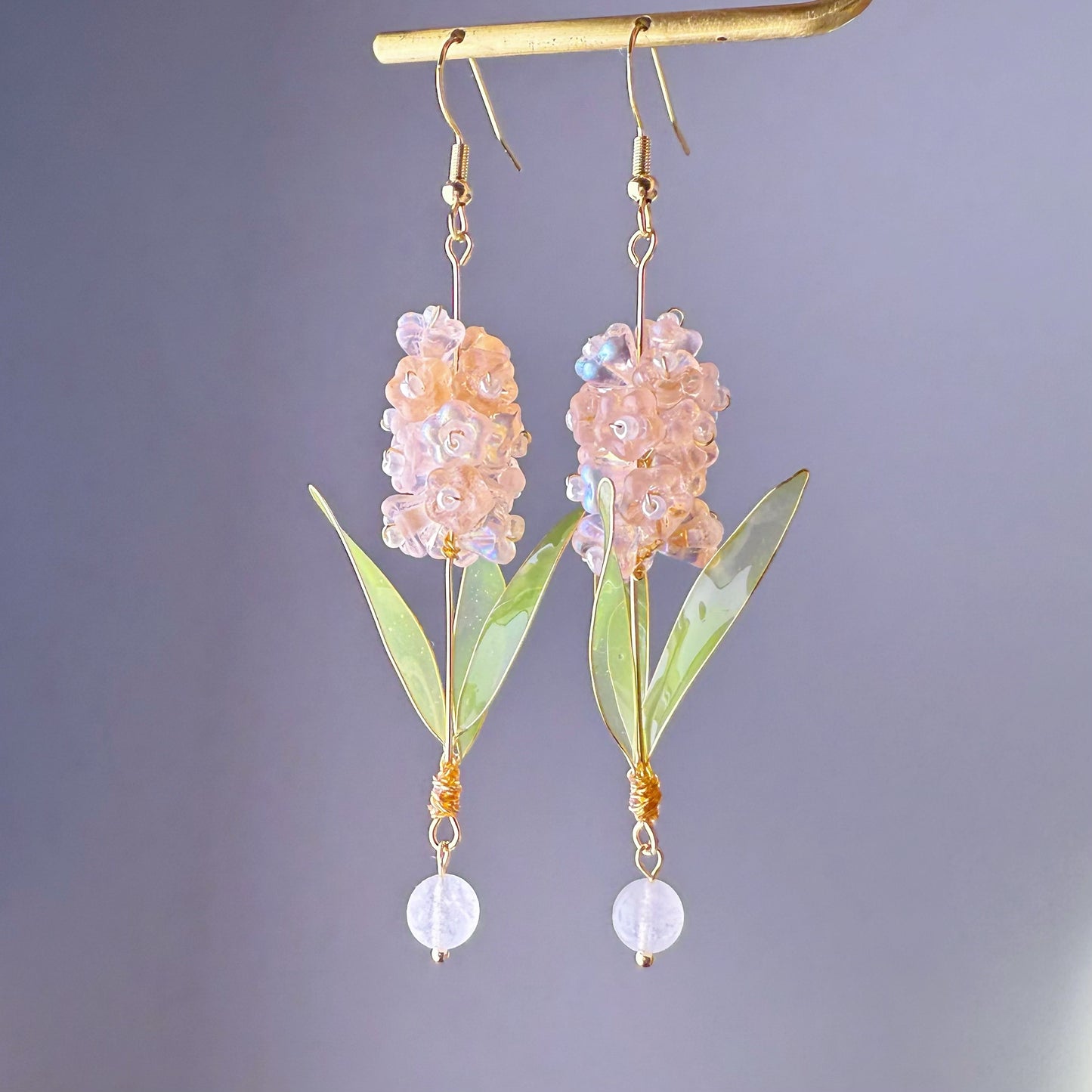 Handmade Peach Pink Hyacinth Flower with Leaves Earrings