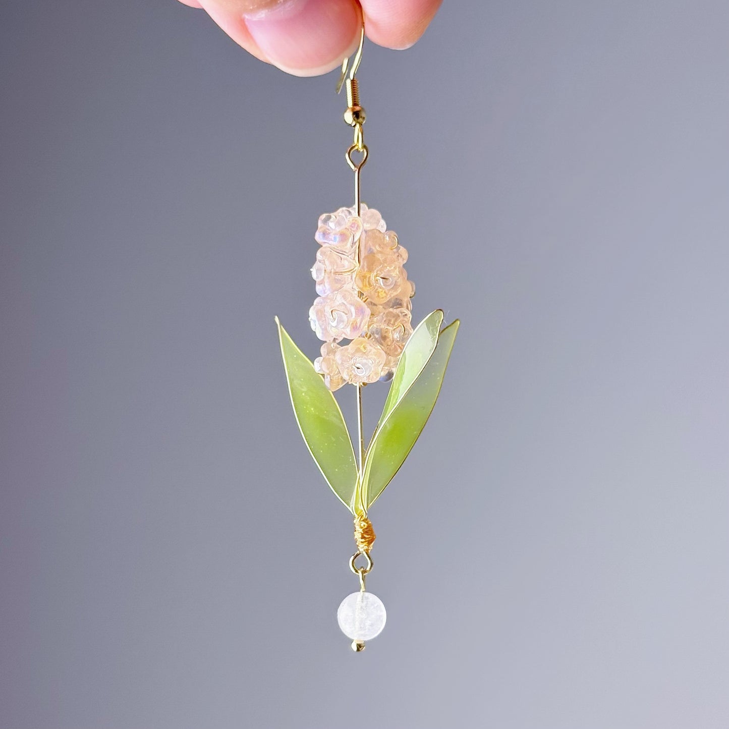 Handmade Peach Pink Hyacinth Flower with Leaves Earrings