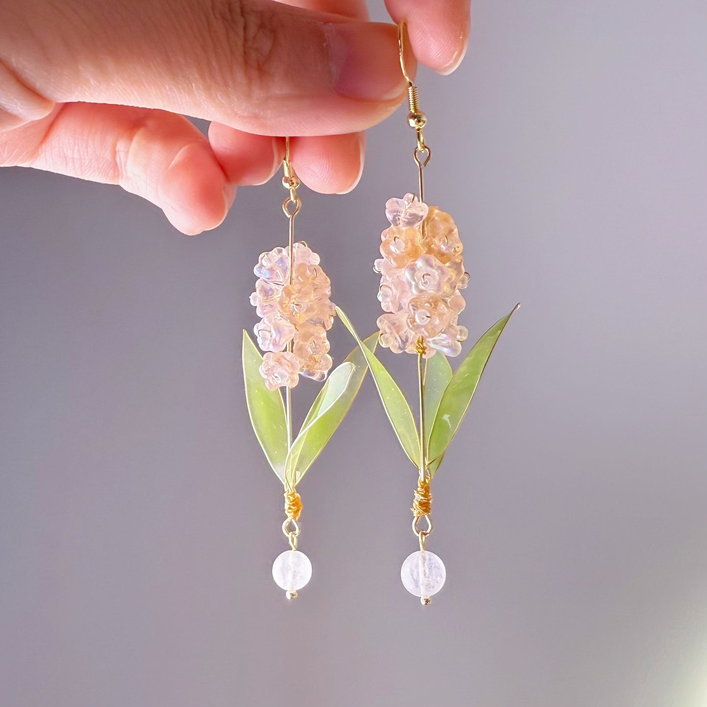 Handmade Peach Pink Hyacinth Flower with Leaves Earrings