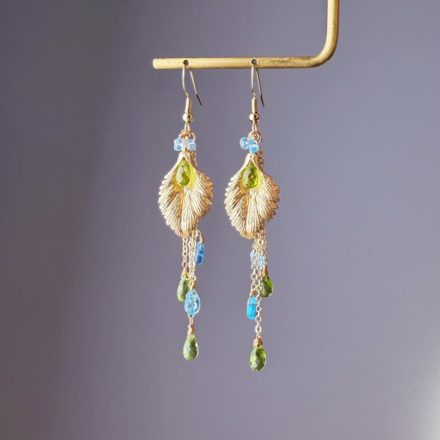 Handmade Gold Leaf with Peridot and Apatite Gemstone Teardrop Earrings