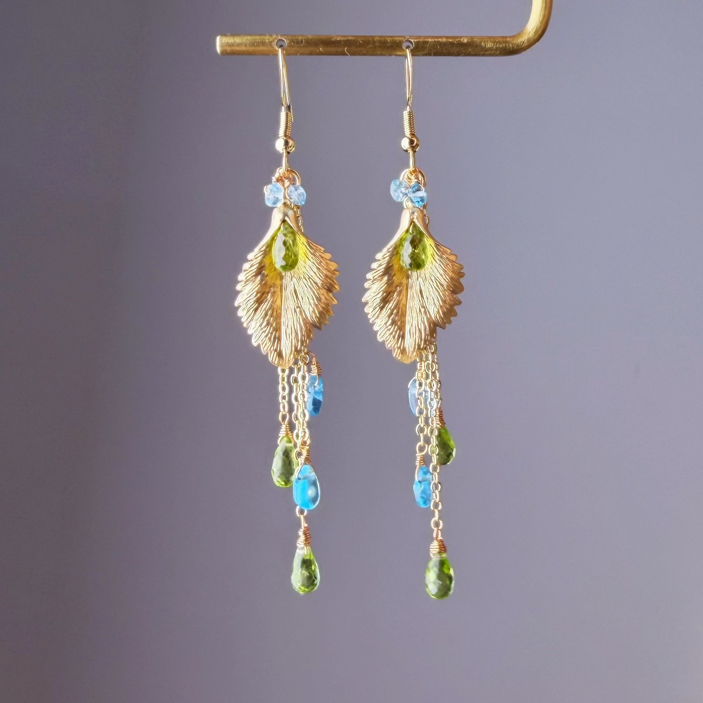 Handmade Gold Leaf with Peridot and Apatite Gemstone Teardrop Earrings