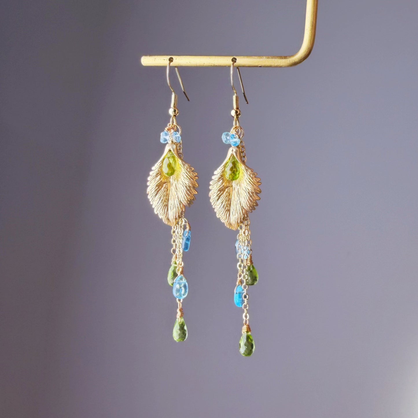 Handmade Gold Leaf with Peridot and Apatite Gemstone Teardrop Earrings