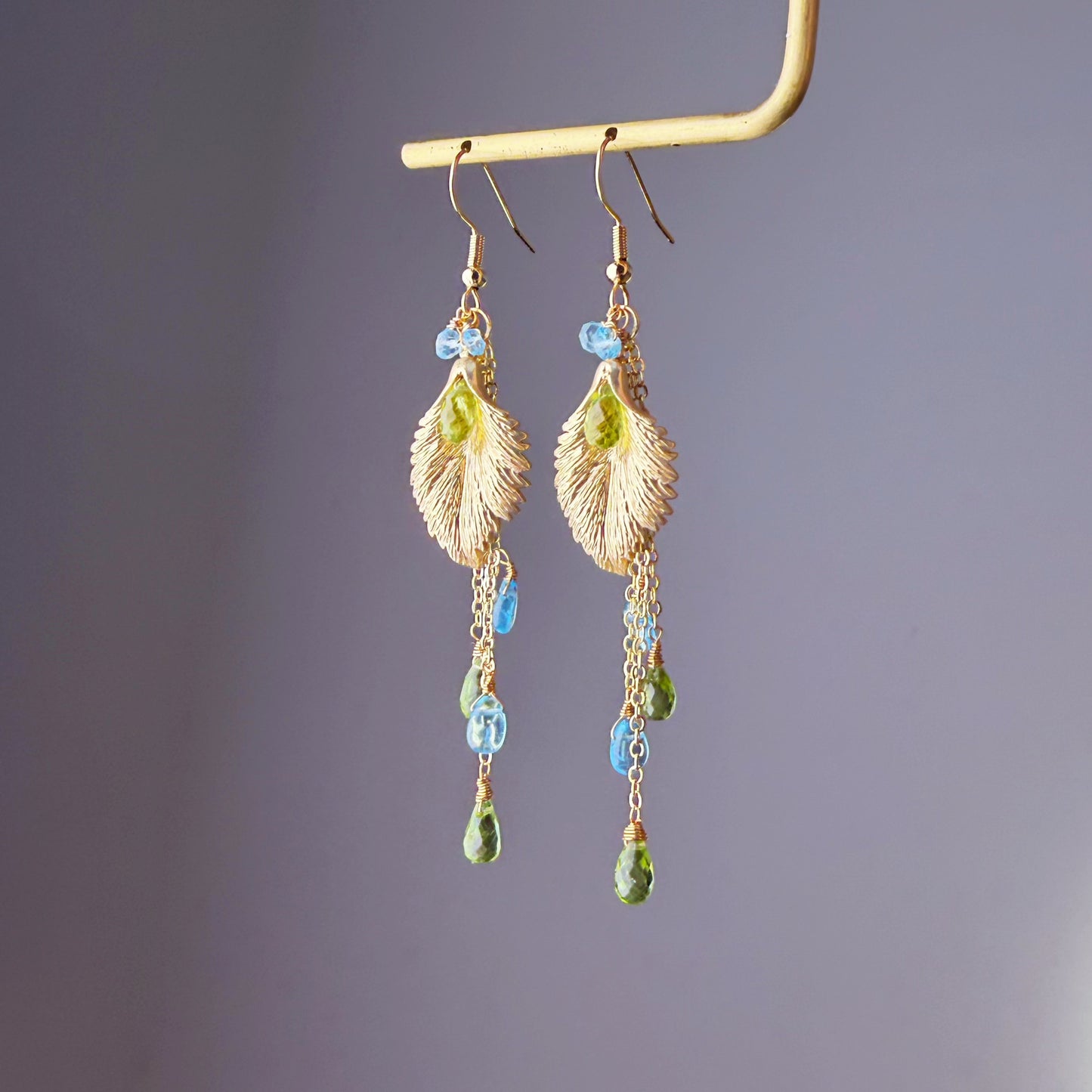 Handmade Gold Leaf with Peridot and Apatite Gemstone Teardrop Earrings
