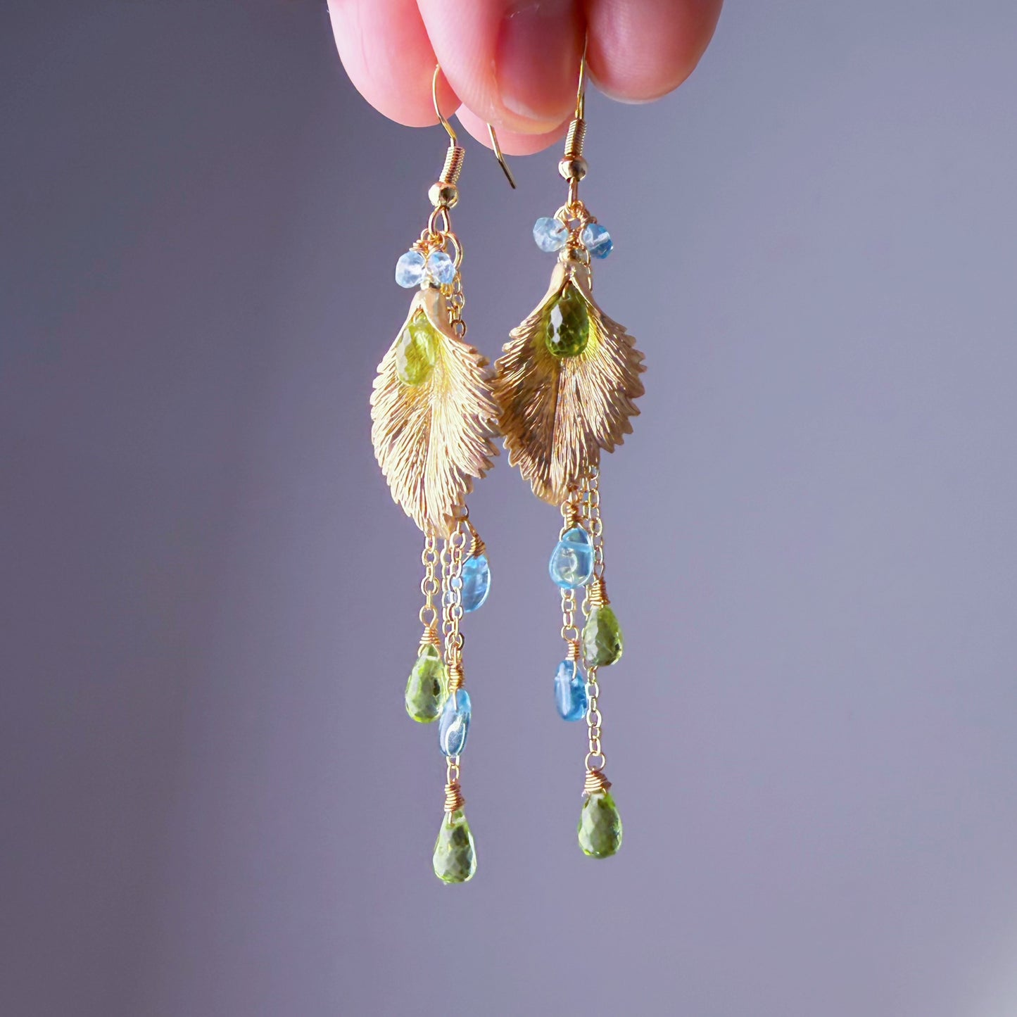 Handmade Gold Leaf with Peridot and Apatite Gemstone Teardrop Earrings