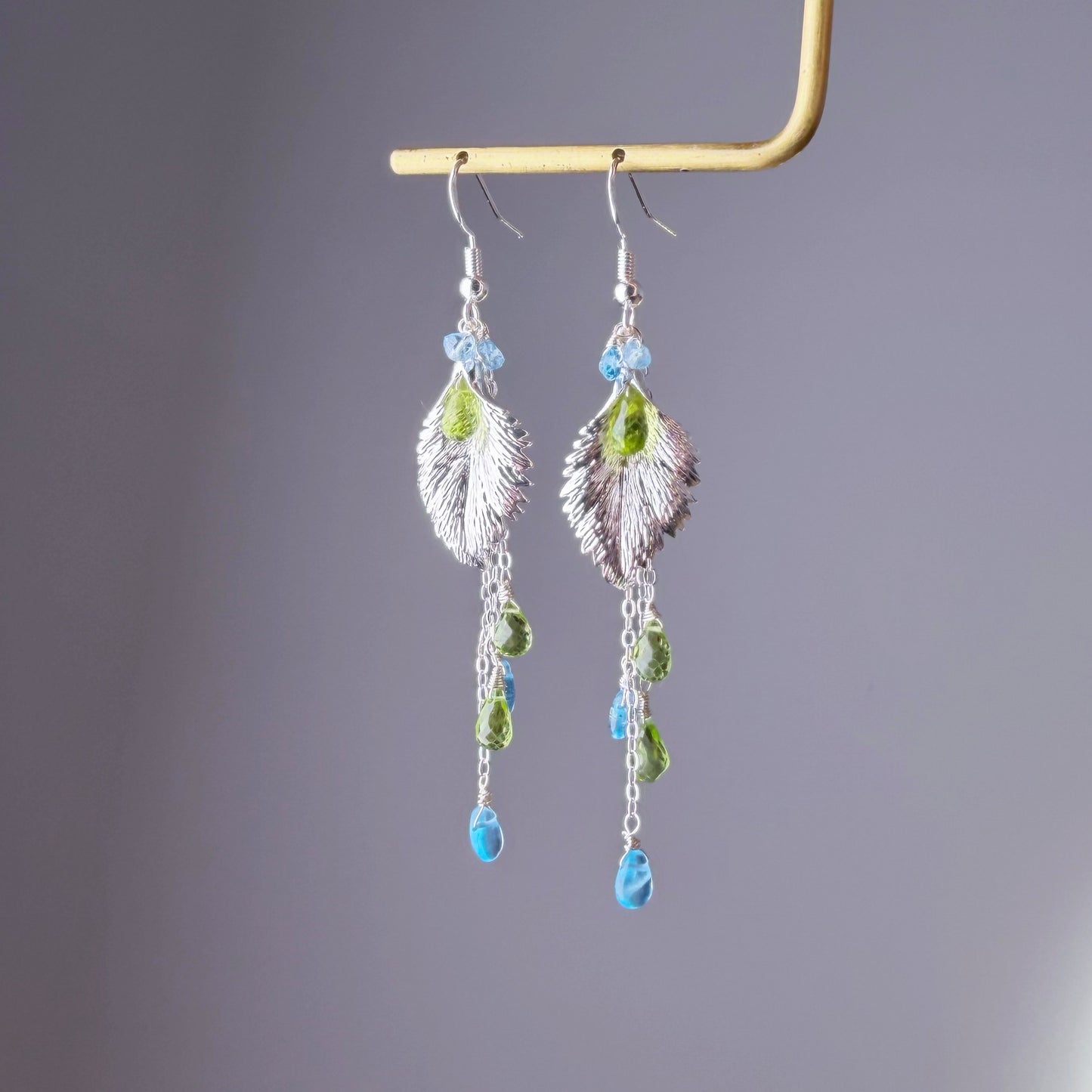 Handmade Silver Leaf with Peridot and Apatite Gemstone Teardrop Earrings