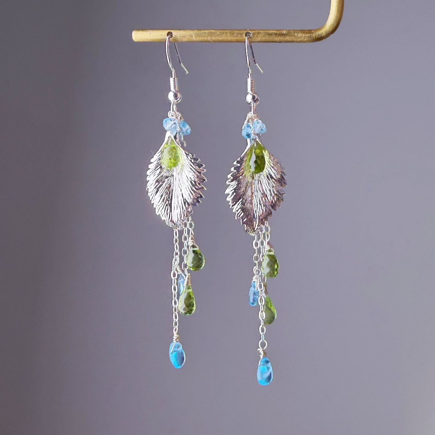 Handmade Silver Leaf with Peridot and Apatite Gemstone Teardrop Earrings