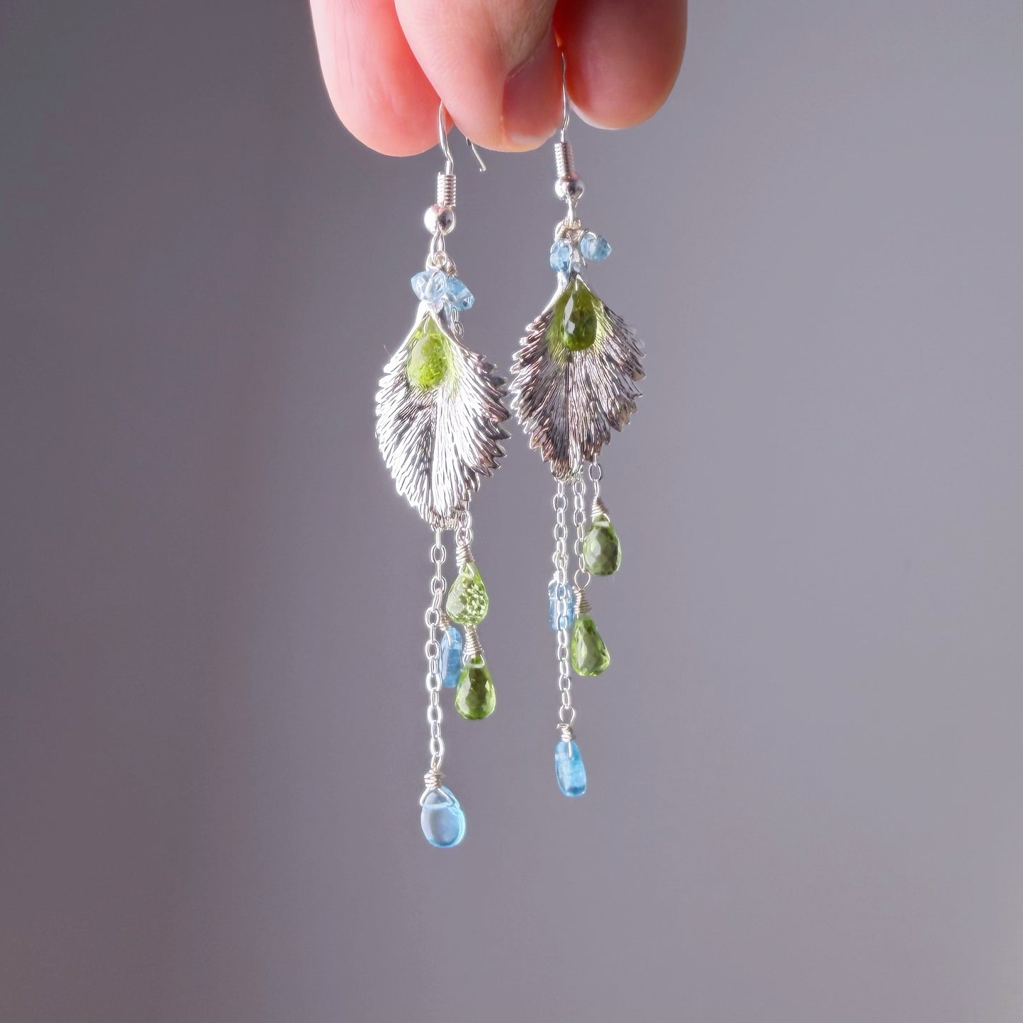 Handmade Silver Leaf with Peridot and Apatite Gemstone Teardrop Earrings