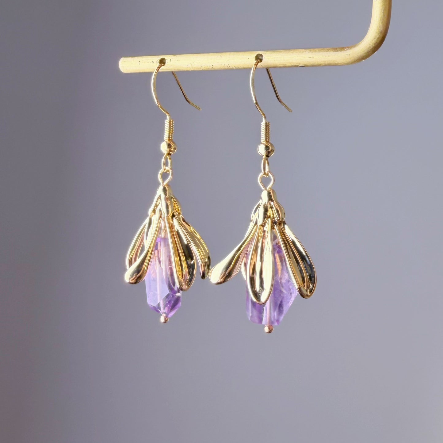 Handmade Gold Flower Bud Amethyst Faceted Gemstone Earrings
