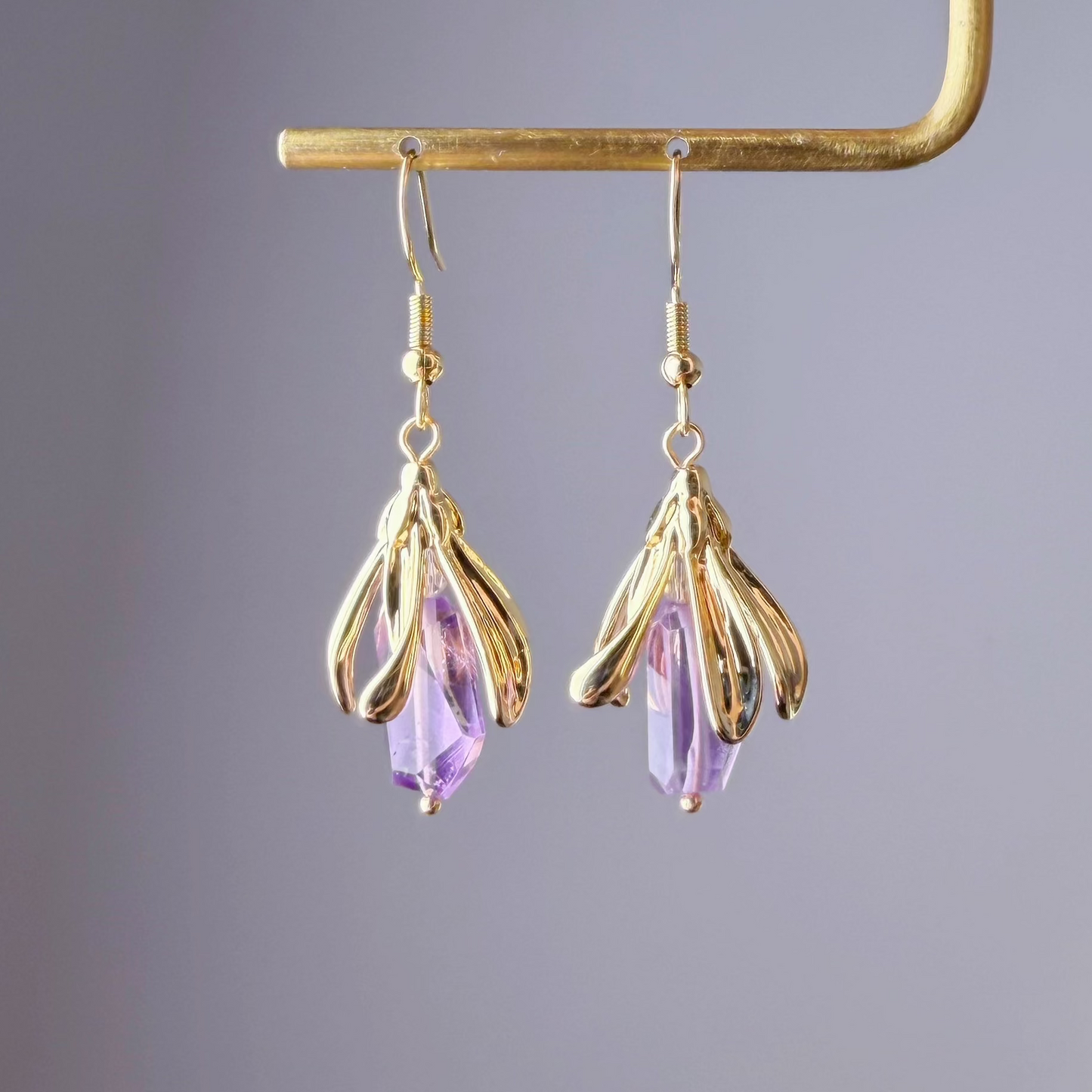 Handmade Gold Flower Bud Amethyst Faceted Gemstone Earrings