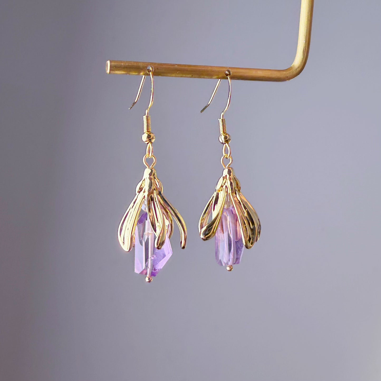 Handmade Gold Flower Bud Amethyst Faceted Gemstone Earrings