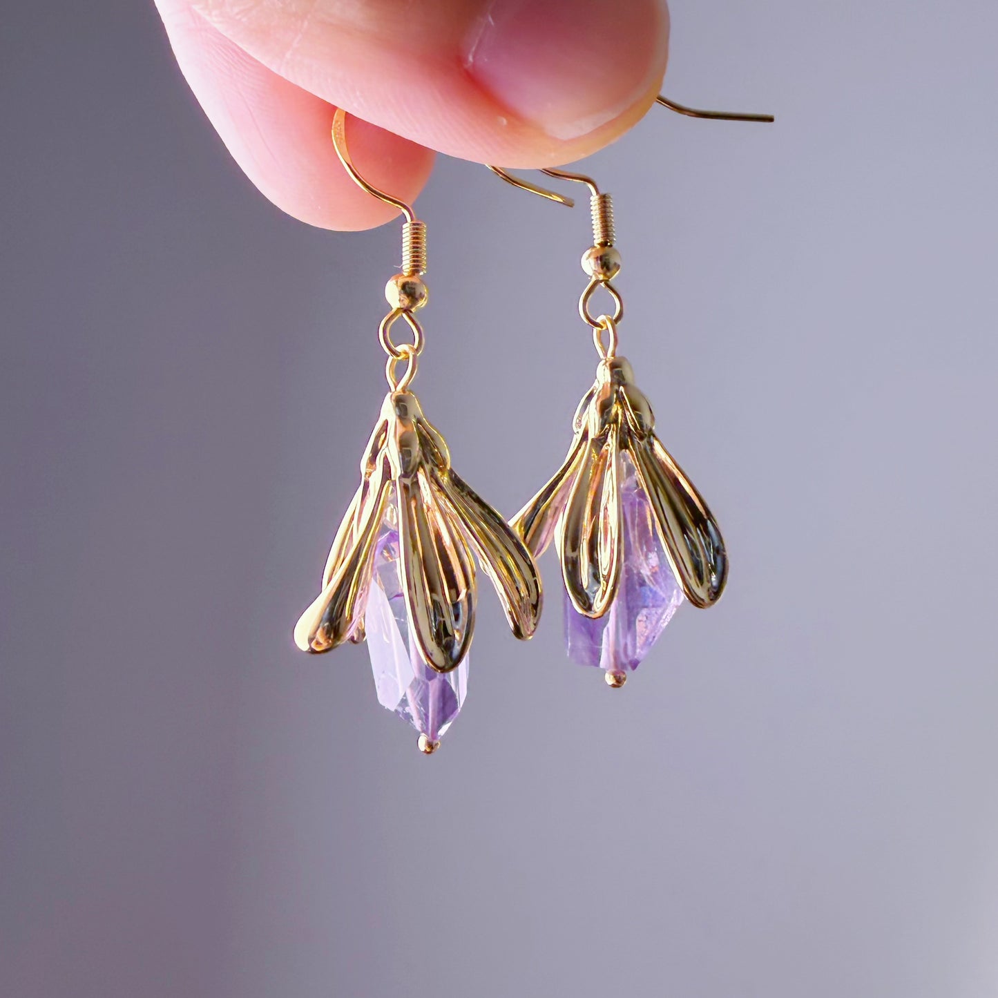 Handmade Gold Flower Bud Amethyst Faceted Gemstone Earrings