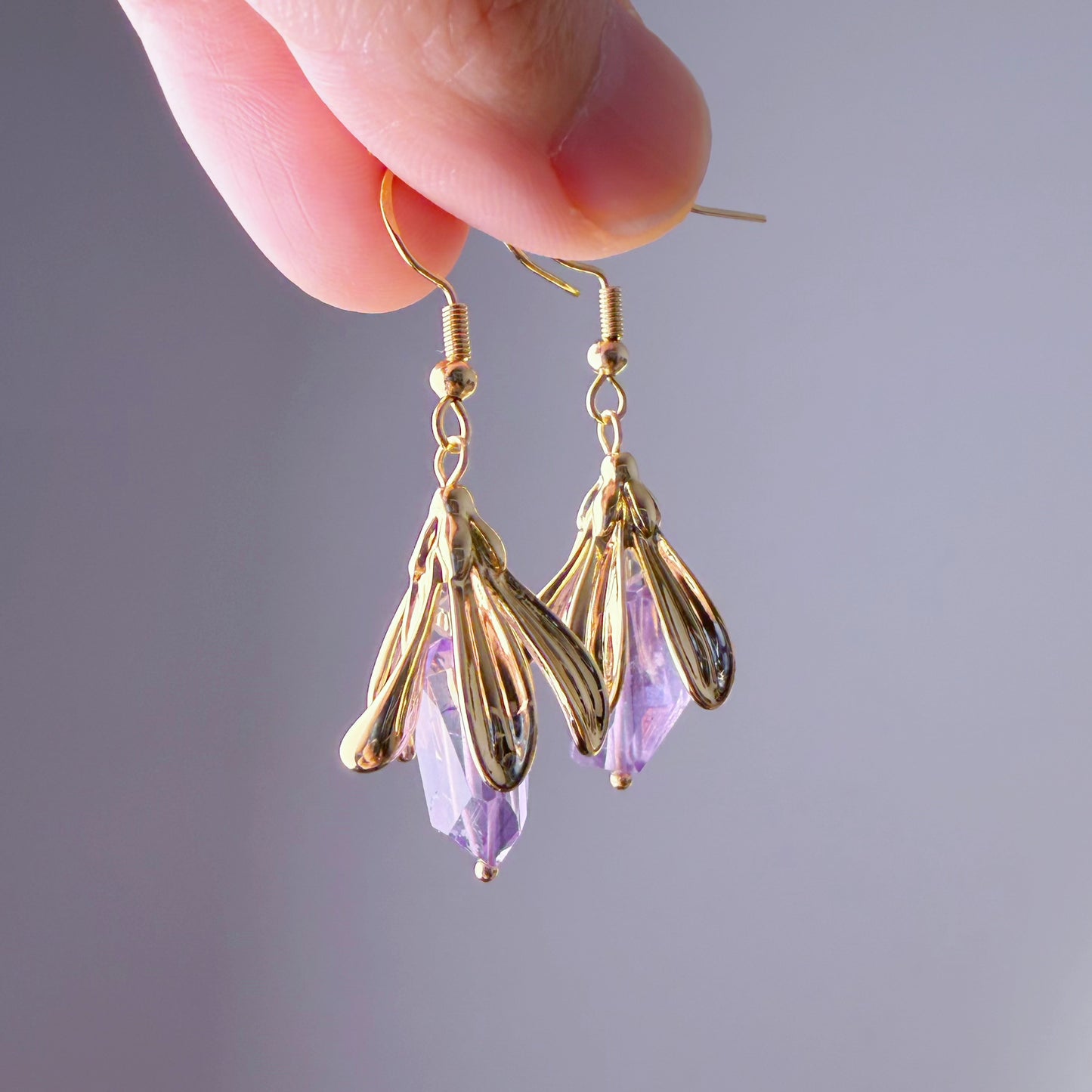 Handmade Gold Flower Bud Amethyst Faceted Gemstone Earrings