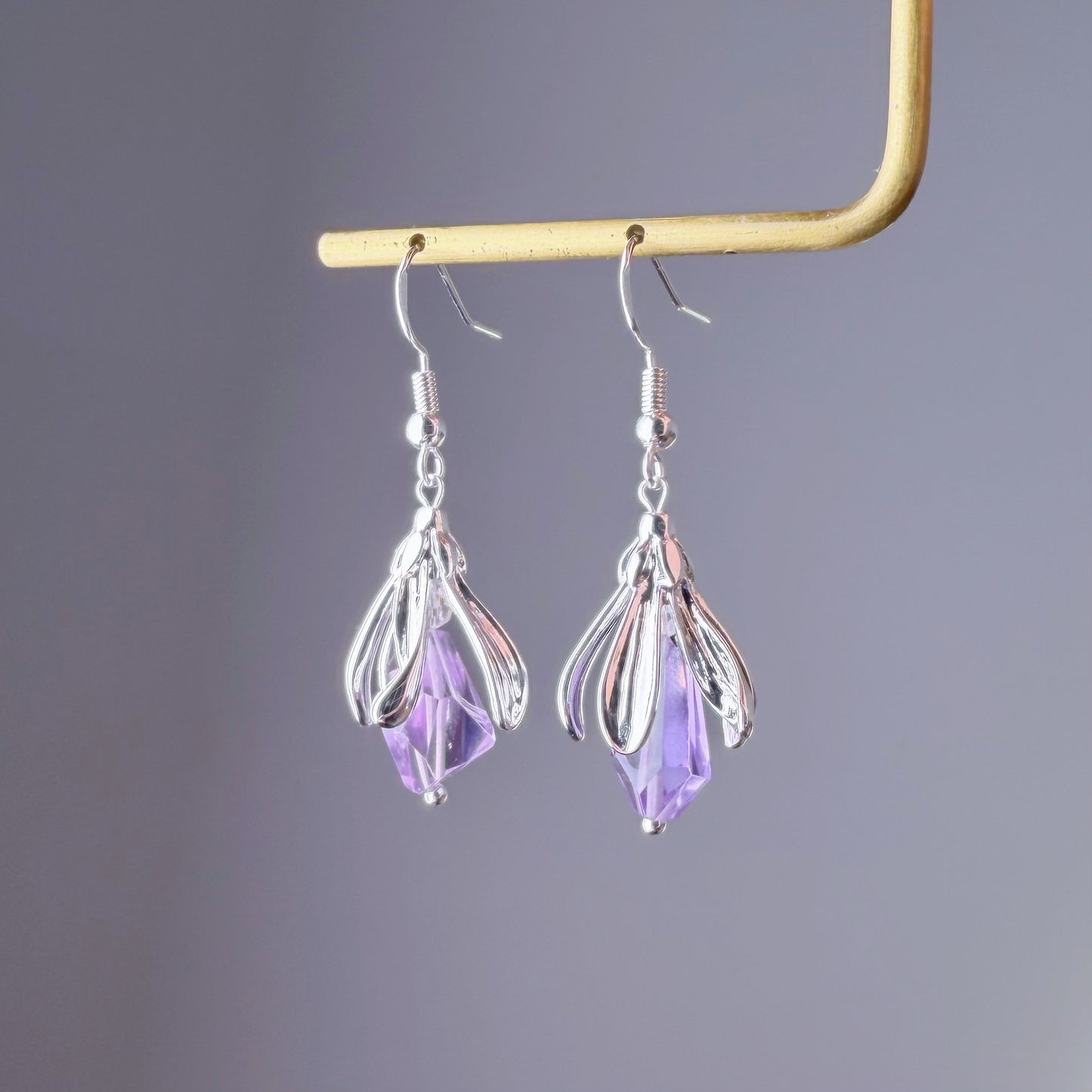 Handmade Silver Flower Bud Amethyst Faceted Gemstone Earrings