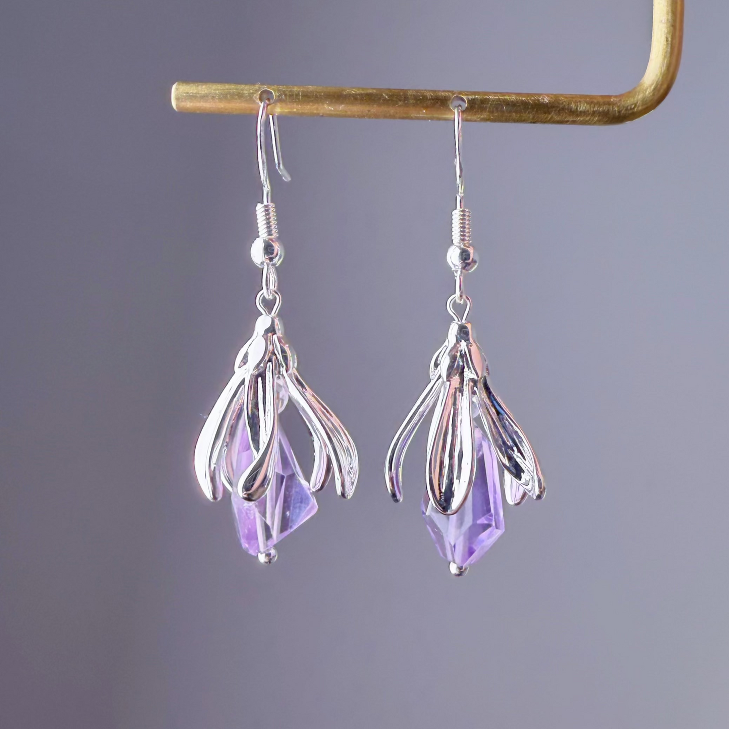 Handmade Silver Flower Bud Amethyst Faceted Gemstone Earrings