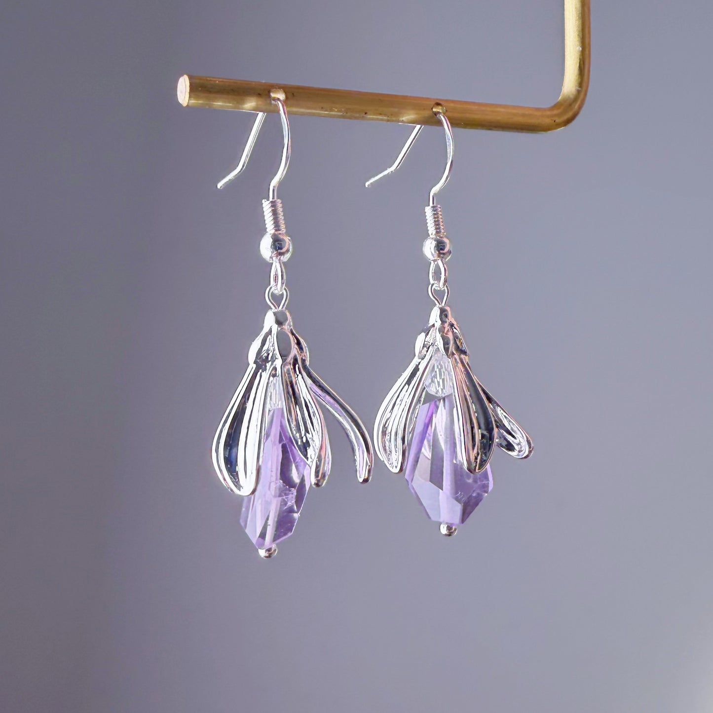Handmade Silver Flower Bud Amethyst Faceted Gemstone Earrings