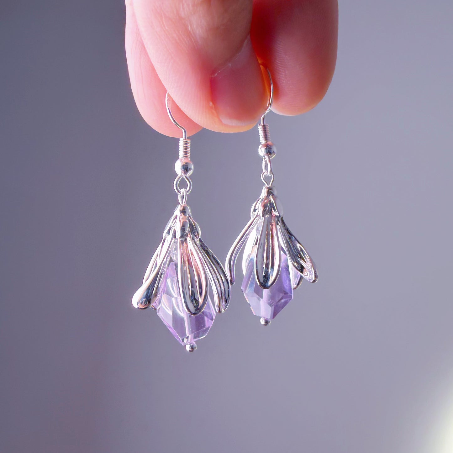 Handmade Silver Flower Bud Amethyst Faceted Gemstone Earrings