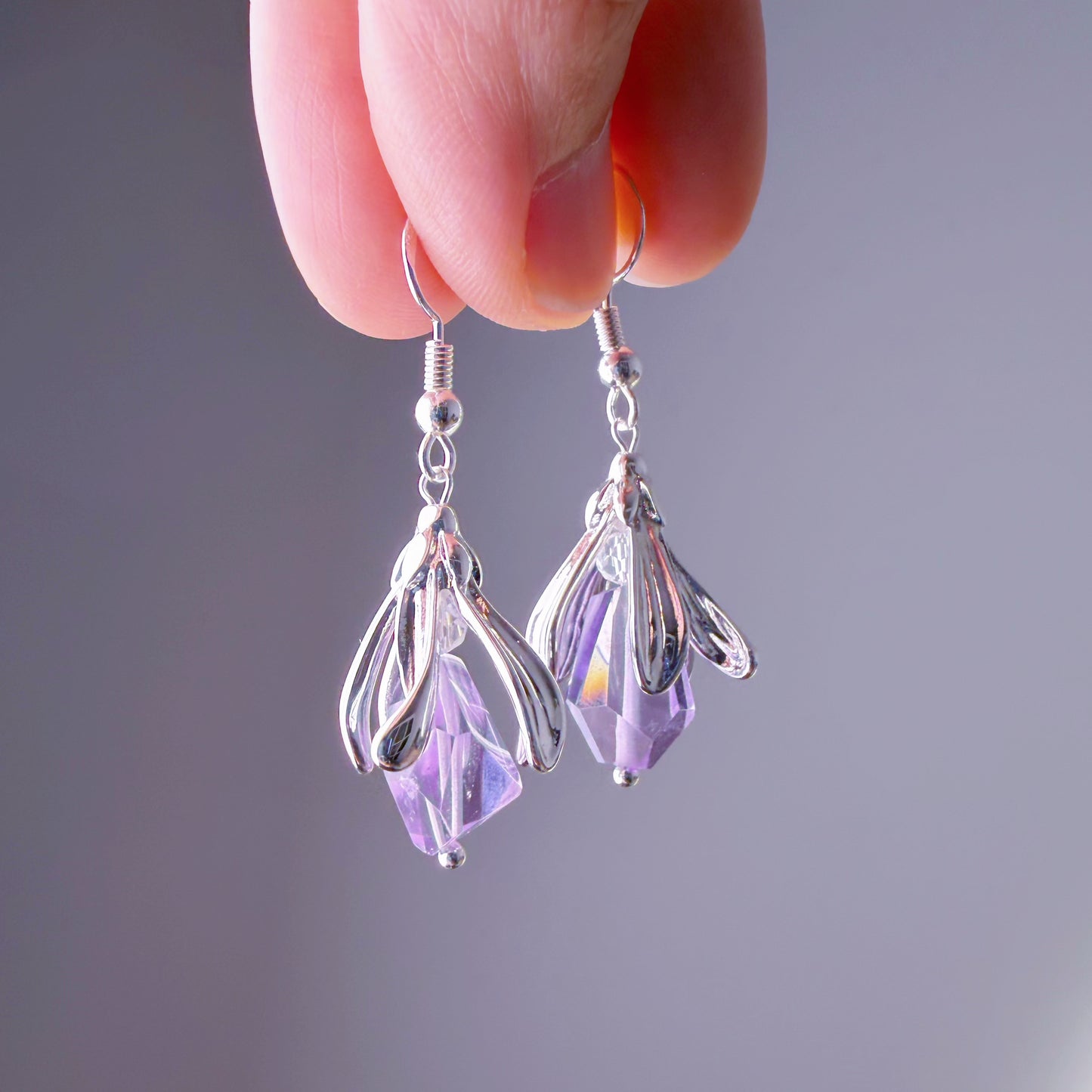 Handmade Silver Flower Bud Amethyst Faceted Gemstone Earrings