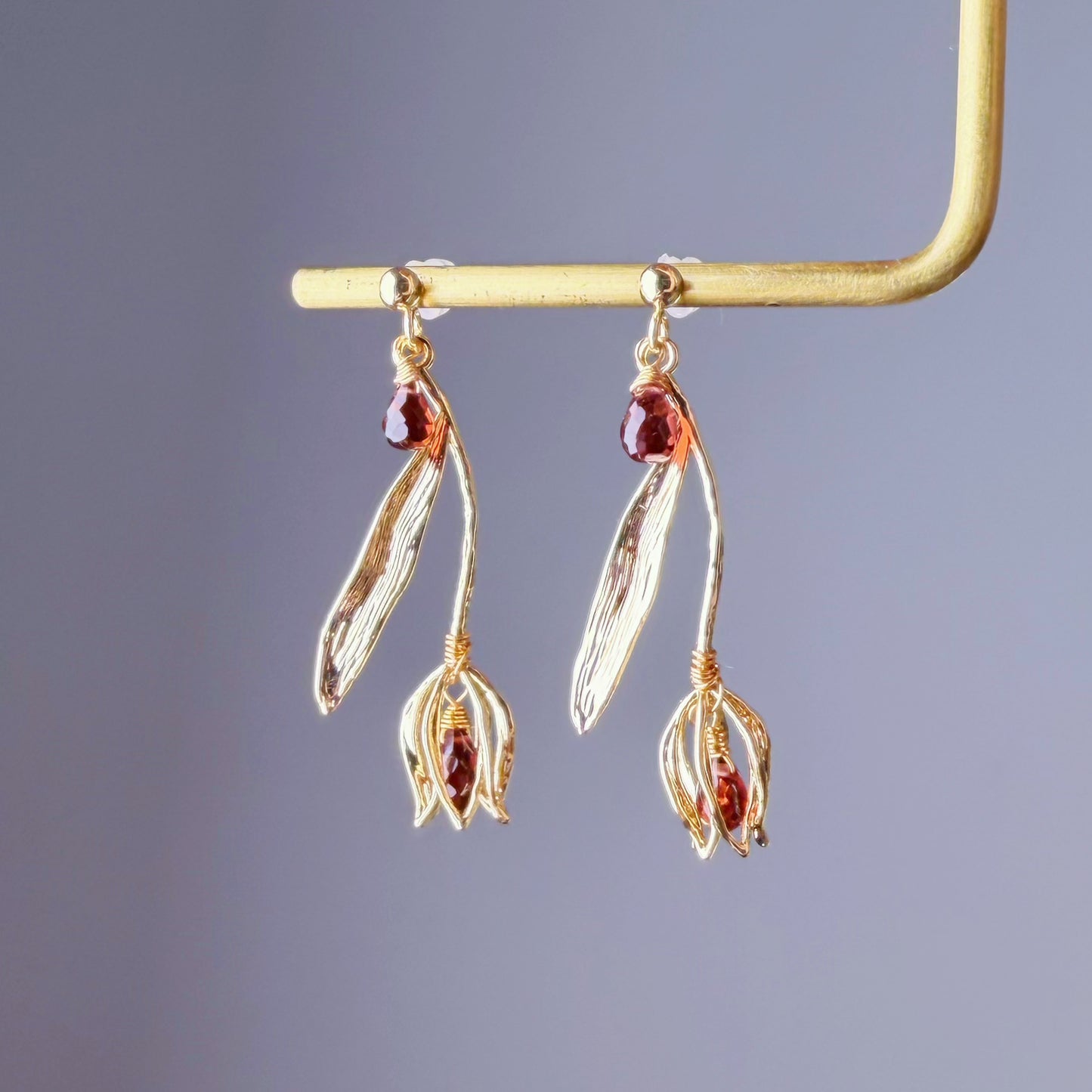 Handmade Gold Tulips Flower Garnet Red Teardrop Gemstone Earrings