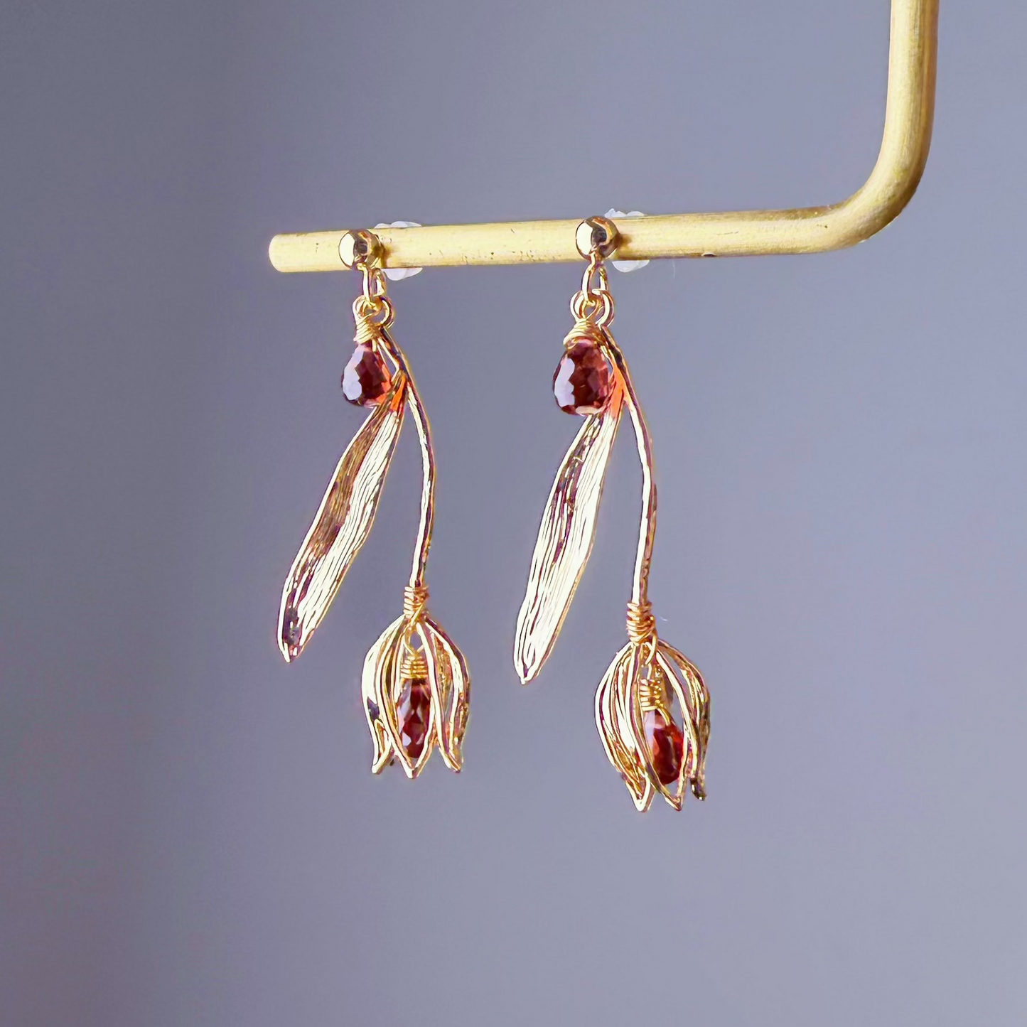 Handmade Gold Tulips Flower Garnet Red Teardrop Gemstone Earrings
