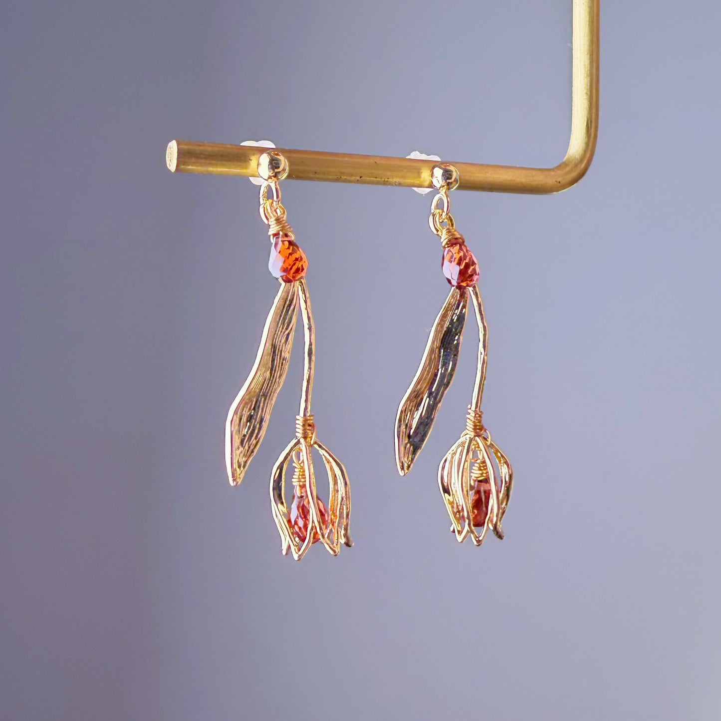 Handmade Gold Tulips Flower Garnet Red Teardrop Gemstone Earrings