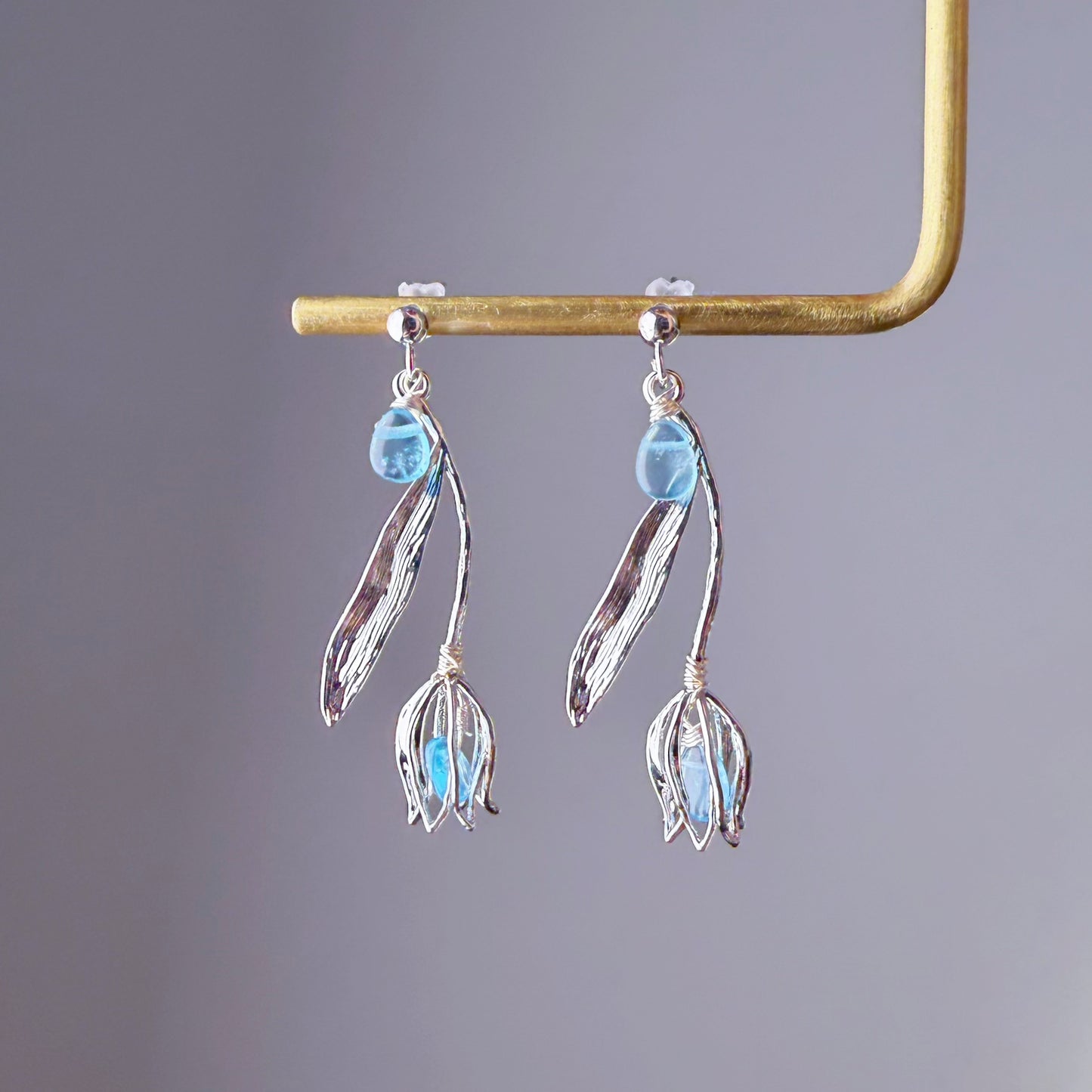 Handmade Silver Tulips Flower Paraiba Apatite Blue Teardrop Gemstone Earrings