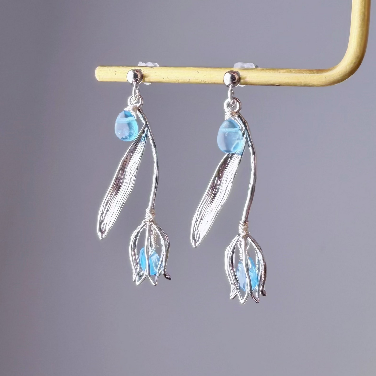 Handmade Silver Tulips Flower Paraiba Apatite Blue Teardrop Gemstone Earrings