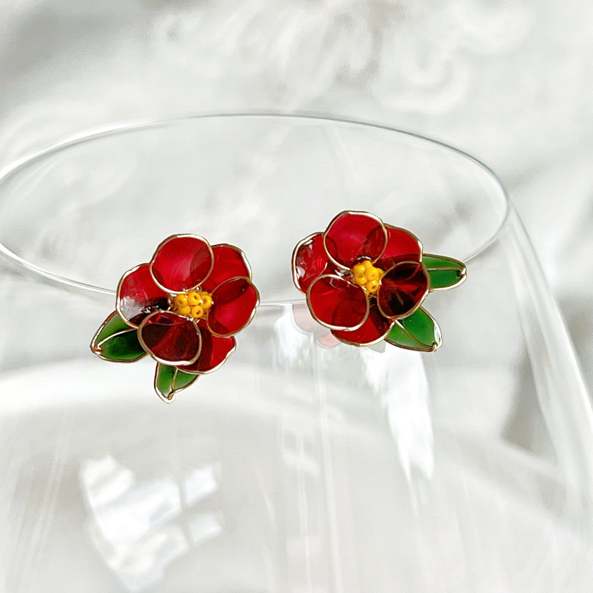Handmade Red Wild Camellia Flower and Leaves Earrings-Ninaouity