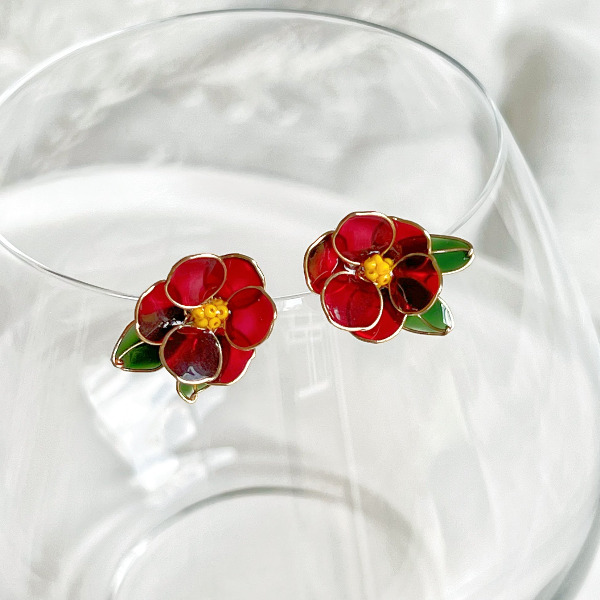 Handmade Red Wild Camellia Flower and Leaves Earrings-Ninaouity